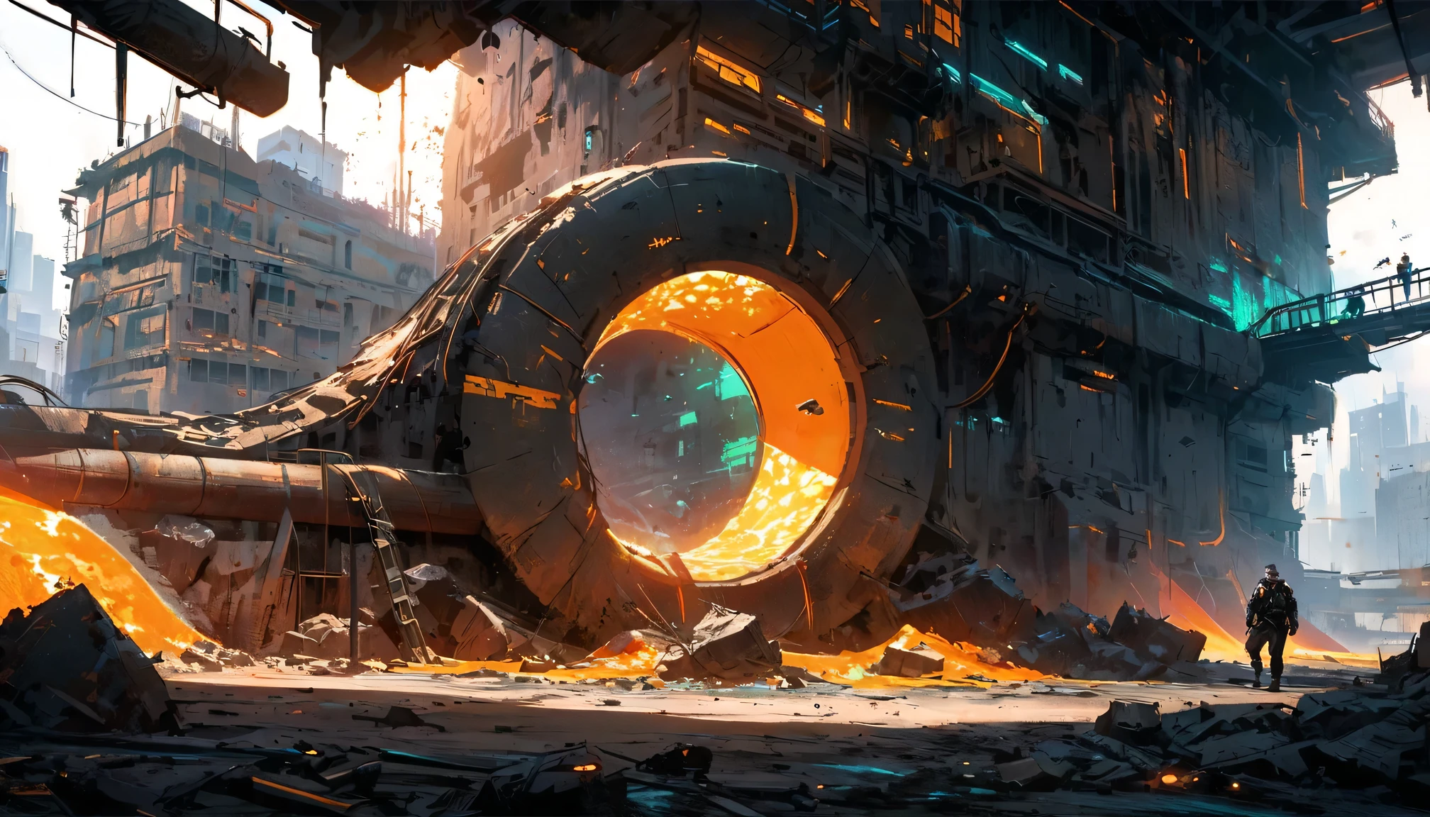 Create a Cyberpunk middle-aged man with a pale face and long dark hair who walks quickly in the foreground with his head up. A chain with a pendant hangs on his chest. He has shoes on his feet. Scene: Sci-fi futuristic scene, long old damaged subway tunel with damaged vault, with lot industrial pipework, massive orange industrial pipes snake through the architecture, while debris and rubble litter the ground. Misty blue atmospheric haze fills the distant spaces between damaged high rise futuristic buildings and add dramatic lighting. Style: Painted with strong colors combined with an ink line drawing with thicker and thinner black lines. Bold color contrasts between warm oranges and cool teals create atmospheric depth. Use a deep and strong blue colors for shadows.Textured brushwork adds gritty detail to the industrial elements while maintaining a painterly quality. Atmospheric perspective, industrial decay, complementary contrast, cell shader and painted anime.