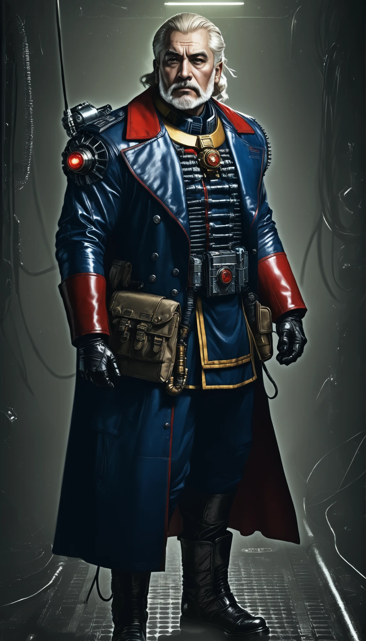 Important (30 year old noble, some wires attached to forehead, general, warhammer 40 000 theme):
Scene (space ship corridor):
Character Face (bad look, evil, wrinkles, unshaved, beard and mustache):
Character Body (fit, muscular, oiled skin, sweat skin, neon glowing electric collar, wide chest):
Character Hair (short blonde wavy hair):
Character Clothes (dark green, dark blue and red military uniform, wires, lab long coat, heavy boots):
Character Action (standing, being bad):
View (full body):
Scene light (strong, lighting, emphasizing curves):
Color tones (rich and vibrant colors, warm tones, saturated, contrasted):
Image quality (illustration, photography, 8k, super detail, best quality, 8k, high details, anatomically correct, masterpiece, highres, best quality, award winning, high quality, high details, super detail, erotic art, pin-up, glamour, fine art photography):