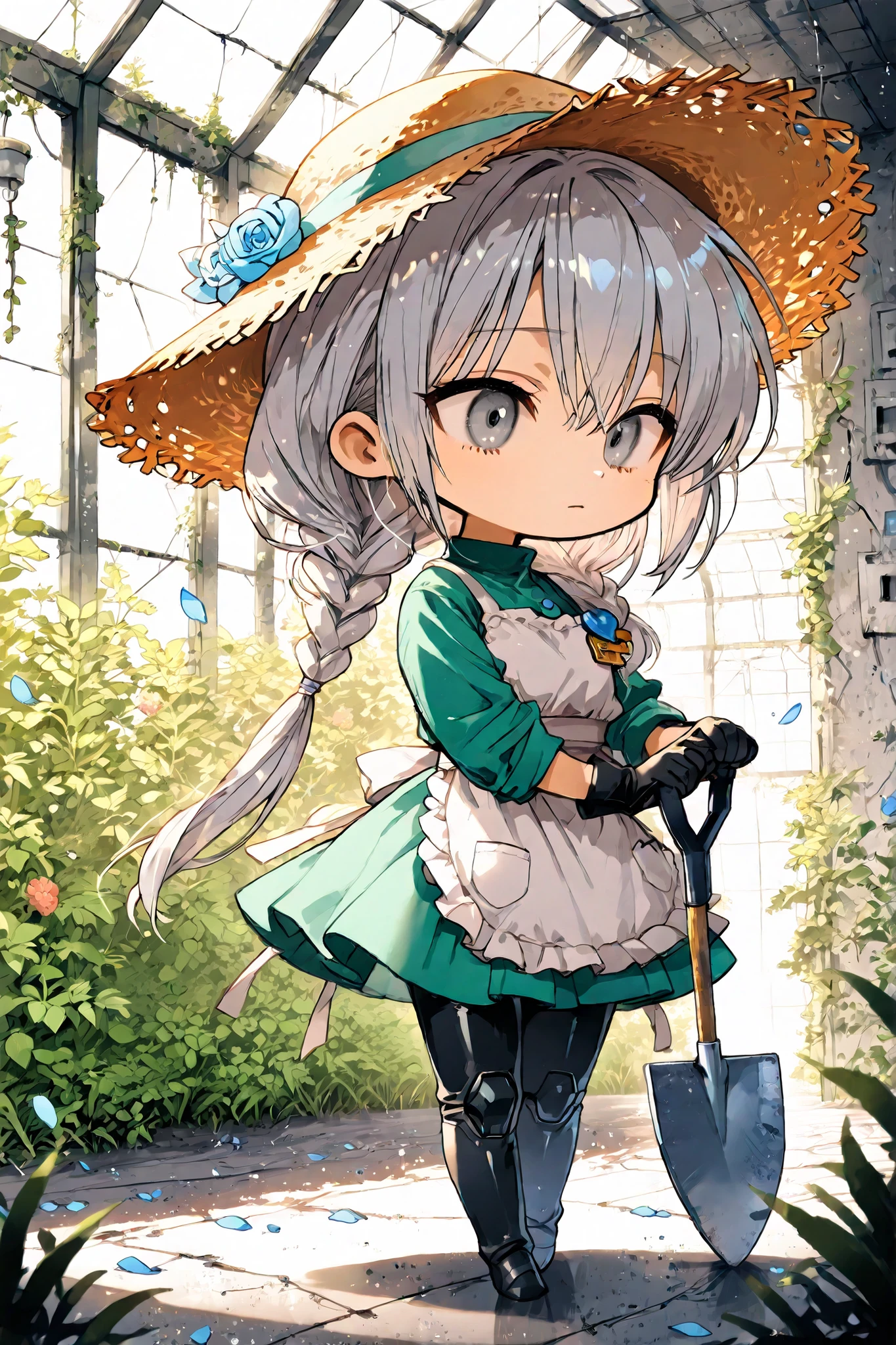 Chibi Characters、minicars、(masterpiece, detail:1.2),masterpiece,Highest Quality,Super Detailed,high resolution,slender,high quality、score_9、score_8_up、score_7_up、masterpiece、high quality、Super Detailed、high resolution、high quality、Highest Quality、clothes、dynamic angle、masterpiece、廃棄された研究所のGardener robotと薔薇園、Gardener robot( アンドロイドガールGardener robot,with braided silver hair、grey eyes、Mechanical Legs、mechanical arm、wearing a traditional gardener's uniform、leather apron、gardening gloves、 straw hat、No expression, gardening apron 、Hold a shovel in your hand、pocket with gardening supplies such as shears)、Abandoned Laboratory Garden、Covered in Green Moss and Ivy、Green plants crawl on the wall、And high-precision、8k resolution、Art Station Contest Winning Entries、concept art、super high image quality at sea level、Realistic、Dramatic scene 、high quality, masterpiece, super definition, Abandoned Research Facility, blue rose garden, Blue Petals Dancing in the Wind, Decayed Laboratory, Broken Glass Greenhouse, Mossy floor, rusted metal , Abandoned laboratory equipment, Fusion of Nature and Machines, quiet atmosphere, soft light shines into the background, Dusty Air, Broken Skylight, Natural Erosion , Beautiful ruins, fantastic blue tone, depressing vibe