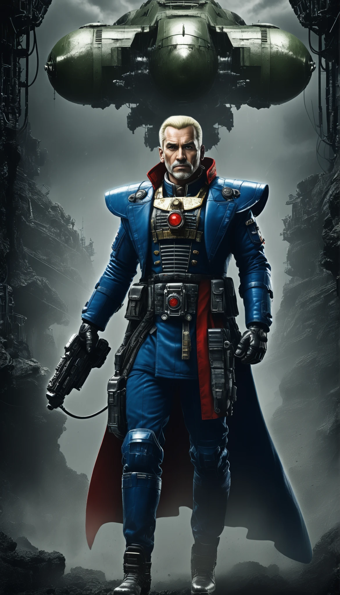 Important (30 year old noble, some wires attached to forehead, general, warhammer 40 000 theme):
Scene (space ship corridor):
Character Face (bad look, evil, wrinkles, unshaved, beard and mustache):
Character Body (fit, muscular, oiled skin, sweat skin, neon glowing electric collar, wide chest):
Character Hair (short blonde wavy hair):
Character Clothes (dark green, dark blue and red military uniform, wires, lab long coat, heavy boots):
Character Action (standing, being bad):
View (full body):
Scene light (strong, lighting, emphasizing curves):
Color tones (rich and vibrant colors, warm tones, saturated, contrasted):
Image quality (illustration, photography, 8k, super detail, best quality, 8k, high details, anatomically correct, masterpiece, highres, best quality, award winning, high quality, high details, super detail, erotic art, pin-up, glamour, fine art photography):