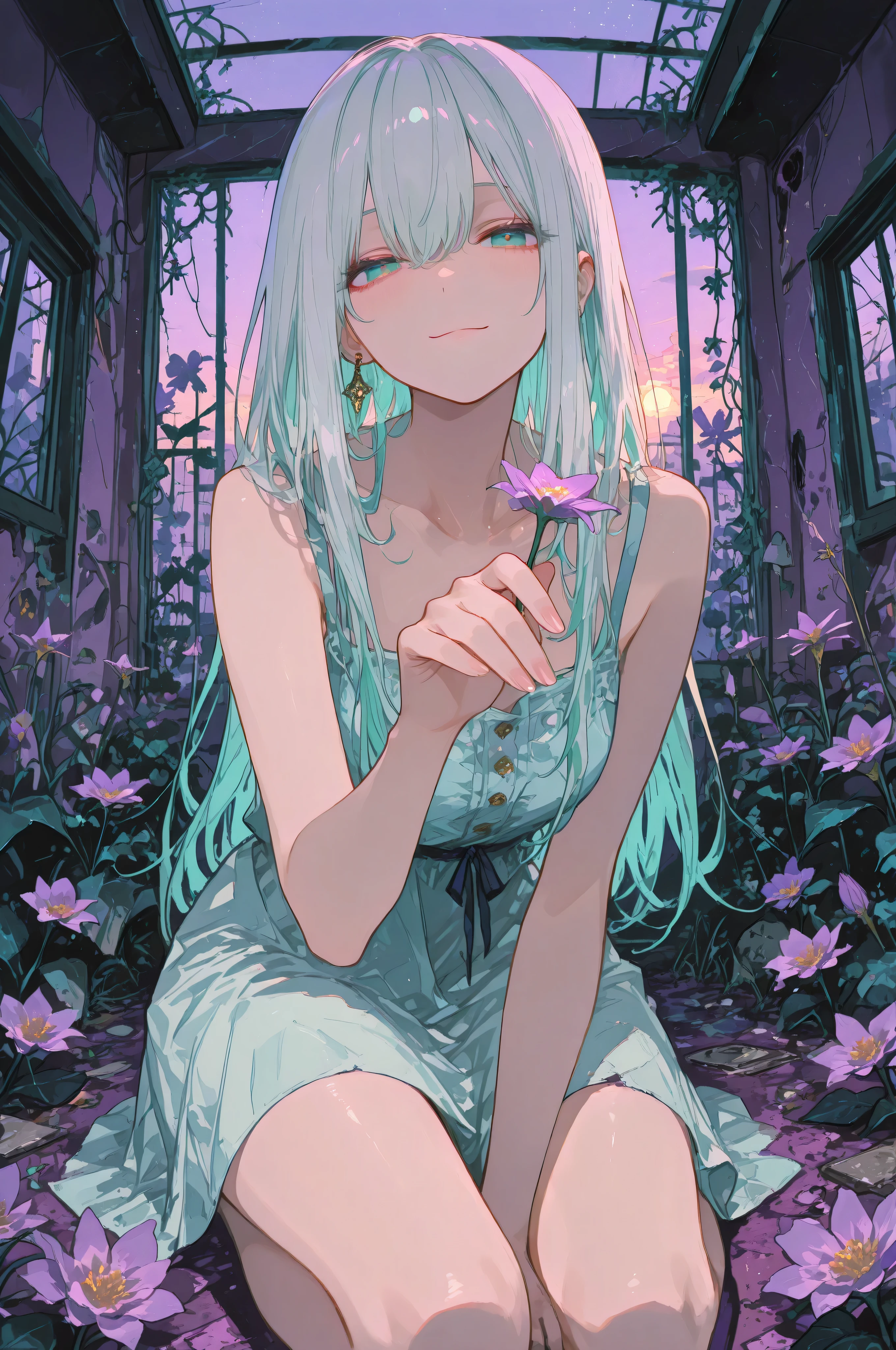 high quality, masterpiece, ultra-detailed, anime illustration, Post-apocalyptic ruined greenhouse under glass panels, a hand overgrown with bright flora (Flowers glow unnaturally,  The cheerful gardener, female character, girl, kneels, with one hand reaches out a flower to the viewer, the girl has emerald eyes, long snow-white hair turning soft blue at the end kahs, tender build, Perfectly drawn figure, feminine body, focused on the viewer, wearing a gentle summer dress, Sunny evening light breaks through the destroyed greenhouse roof, illuminating ivy, curling along broken arches, The light of the sunset( blue, purple, pink), haze creates a magical effect, ultra-detailed spectacular lighting, inspiring mood. top view
