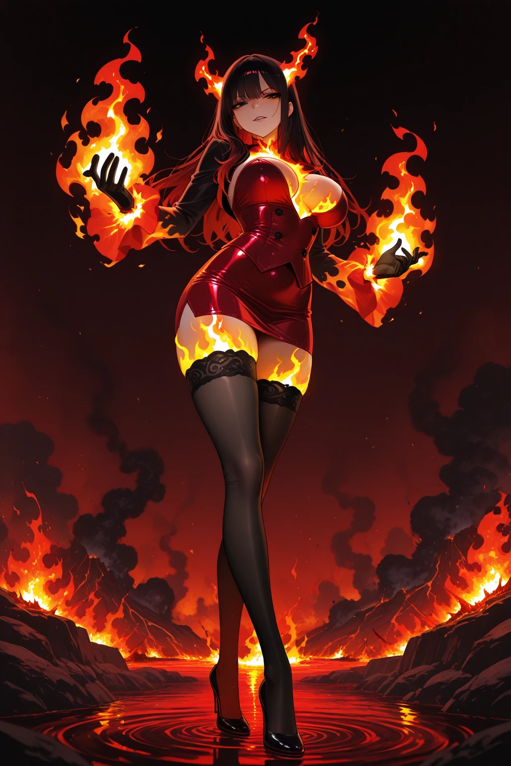 Emerging from the flames of hell、She wore a bright red mini see-through dress.、Goddess of Fire、A provocative smile with tongue out