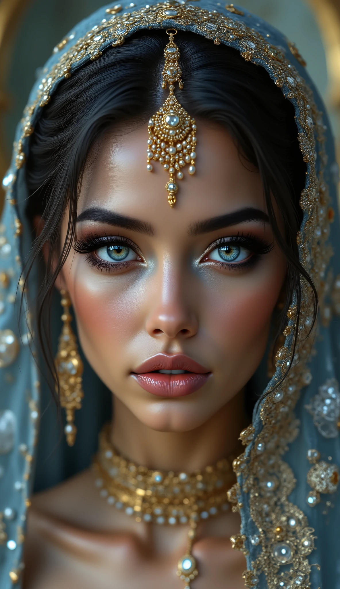 Realistic (photorealistic Realism), (Ultra-realistic), ((focus on extremely Realistic Proportion Body, Anatomically Correct:1.2)), ((professional portrait)). (ultra realistic texture details: velvety skin, hair), ((dark hair (very short hair)((slicked to one side:1.4)) Intricately detailed:1.33)), ((no blurr eyes, high resolution, absurd quality, Realistic blue eyes:1.3)), (Carefully draw Long eyelashes:1.2),(professional makeup:1.4). ((Beautiful long legs in good style:1.4)), (medium butt), (perfect hot model full bodyshot), Extraordinary portrait of an (Arab princess님:1.3), fairy tale image, beautiful princess님, full body photo, Fantastic backgrounds, magical atmosphere, [wearing an opulent face veil made of layered pearls and gold chains , intricately draped and shimmering with elegance (The veil covers her lower face), The dancer's dress is very modest, slightly made of a diamond curtain, adorned with small rubies.