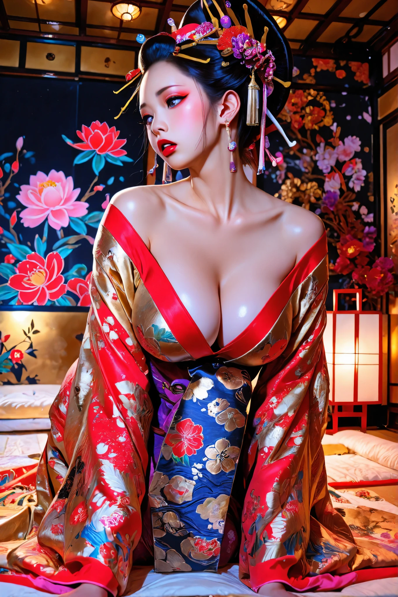 1 woman holding thunder, 20 years old, charming,Bewitching Expression, plump breasts, bust enhancement, Sensual, sexy posture, Oiran, luxurious kimono,bright red and gold kimono, silky texture, large belt, Elegant Japanese pattern, long black hair,gorgeous hair ornament, hairpin,red lipstick, White Powder Skin, nape visible, half-open lips, provocative gaze, Japanese-style luxury rooms, indirect lighting, soft light, Traditional Japanese Room Background, silk futon, Floral decoration, Sensualな雰囲気, Night view、oiran, lean forward, put hand ground,