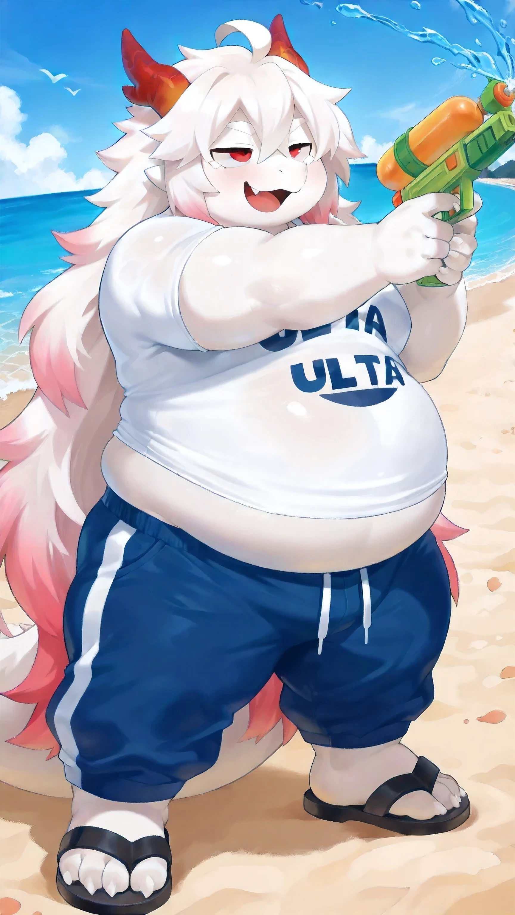(ultra-detailed:1.5), full body, male furry, shota, 10 years old, short stature, (((solo))), (dragon:1.4), (red horns), (fang), (white eyebrows:1.3), (thin eyebrows:1.2), (highly detailed eyes:1.4), smug, wide open mouth, ((white skin)), (cute eyes:1.3), (red eyes:1.2), (hair between eyes), (wvery long length hair), (ahoge), (thick shoulders), ((white hair with pink tips)), (fat face:1.3), ((fat)), (fat head), (thick arms), (thick thighs), (thick legs), (thick feet), ((wide chest)), standing, ((beach)), holding a water gun, aiming, dynamic pose, white oversized baggy t-shirt, blue swim pants,sandal,