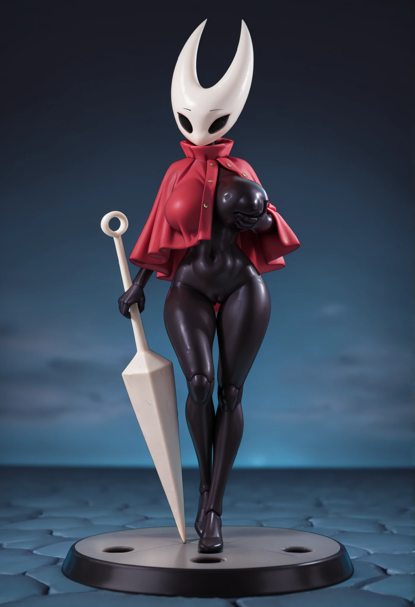 ( masterpiece,  best quality), safe,  incredible quality,  very aesthetic, absurdities, highres,  newest , HDR-10, 8K,  high detail RAW color art ,  large pupil ,  tabs,  high-detail RAW color art ,1 girl,3D, super realistic action figure,on a toy base, Camel toe ,((hornet from hollow knight)),thin silver  hair , , little clothing and tight,large breast, saggy breast , (((full body view)) ((full body picture)) ((pointy breast))