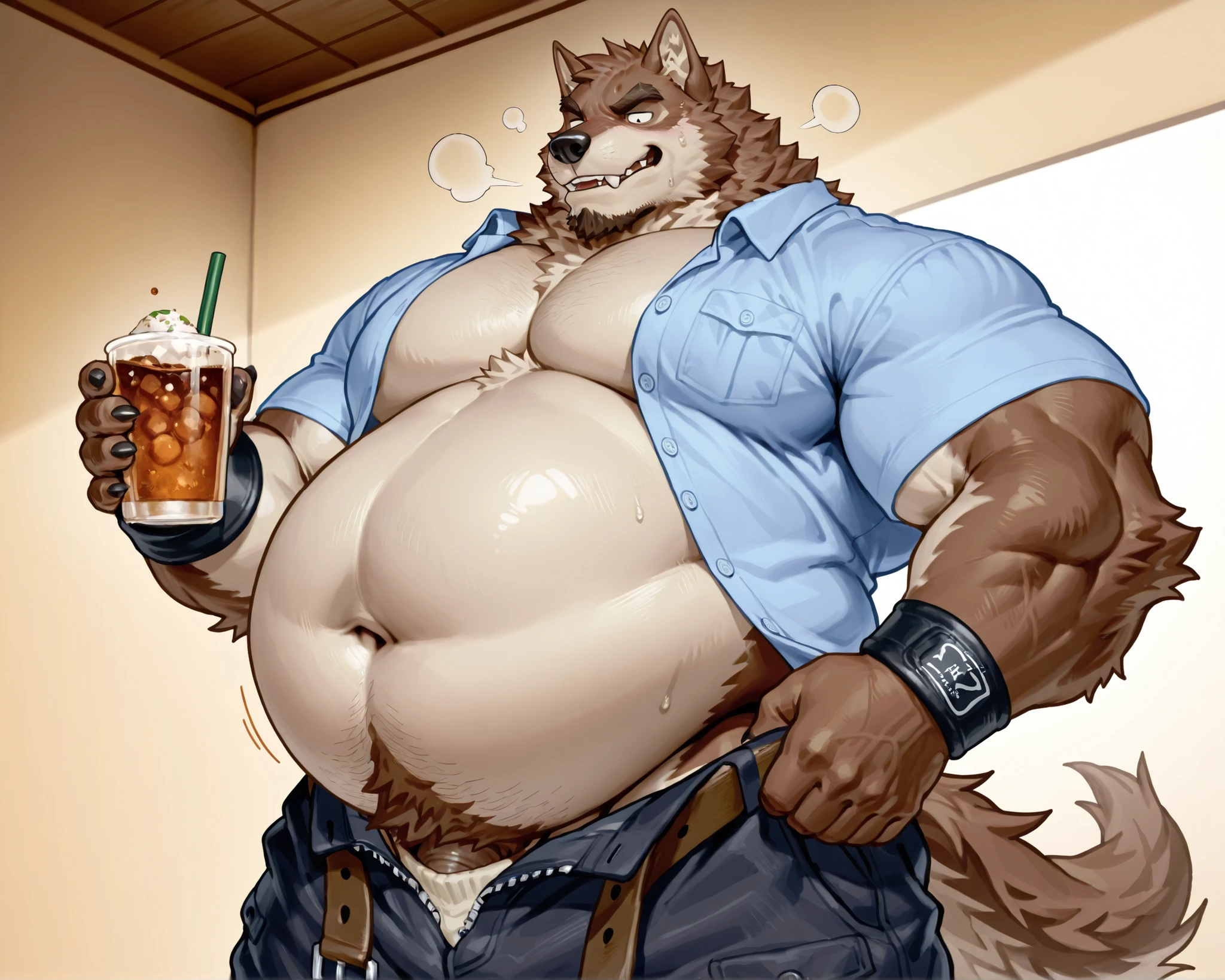 Eyebrows、Saggy Eyes、Tall、handsome guys、gachidev、Potbelly、Wolf and Beast Man、brown fur、bushy fur、I wear a light blue shirt、the buttons on the front side are not covered in white、くっきりとPotbellyが浮き出ている肌着、tight cuffs and neck with no visible gap、musculoskeletal protuberance々、strong limbs like a wrestler、long breasts、my stomach is too big and my back is swaying、 Sex、my loose belt comes off、the hooks and zippers on the pants come off、my belly is swollen like I've let in air、my big stomach with loose flesh on the outside shakes a lot、My flanks are wavy、high image quality、High Quality、8K、HD、Unnaturally bulging lower stomach、bloated belly、Drink soup while pulsating your throat like a pump、150 kg weight gain、Chin with plenty of fat、