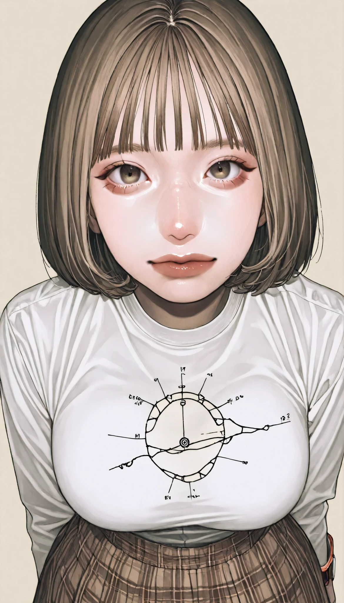 Writing depth , Target In Focus, ((dynamic angle)), sexy, Highest Quality,short bob hair、 detailed eyes, perfect eyes, Realistic Eyes, ((thick lower lip)), (Light Eyeliner), perfect eyes, Natural Looks That Will Highlight Your Summer, (white shirt), ( Plated Skirt ), Realistic breasts、Very Big Breasts, BREAK, portrait, bust shot, front map, watch viewers, cinematic perspective , simple background,