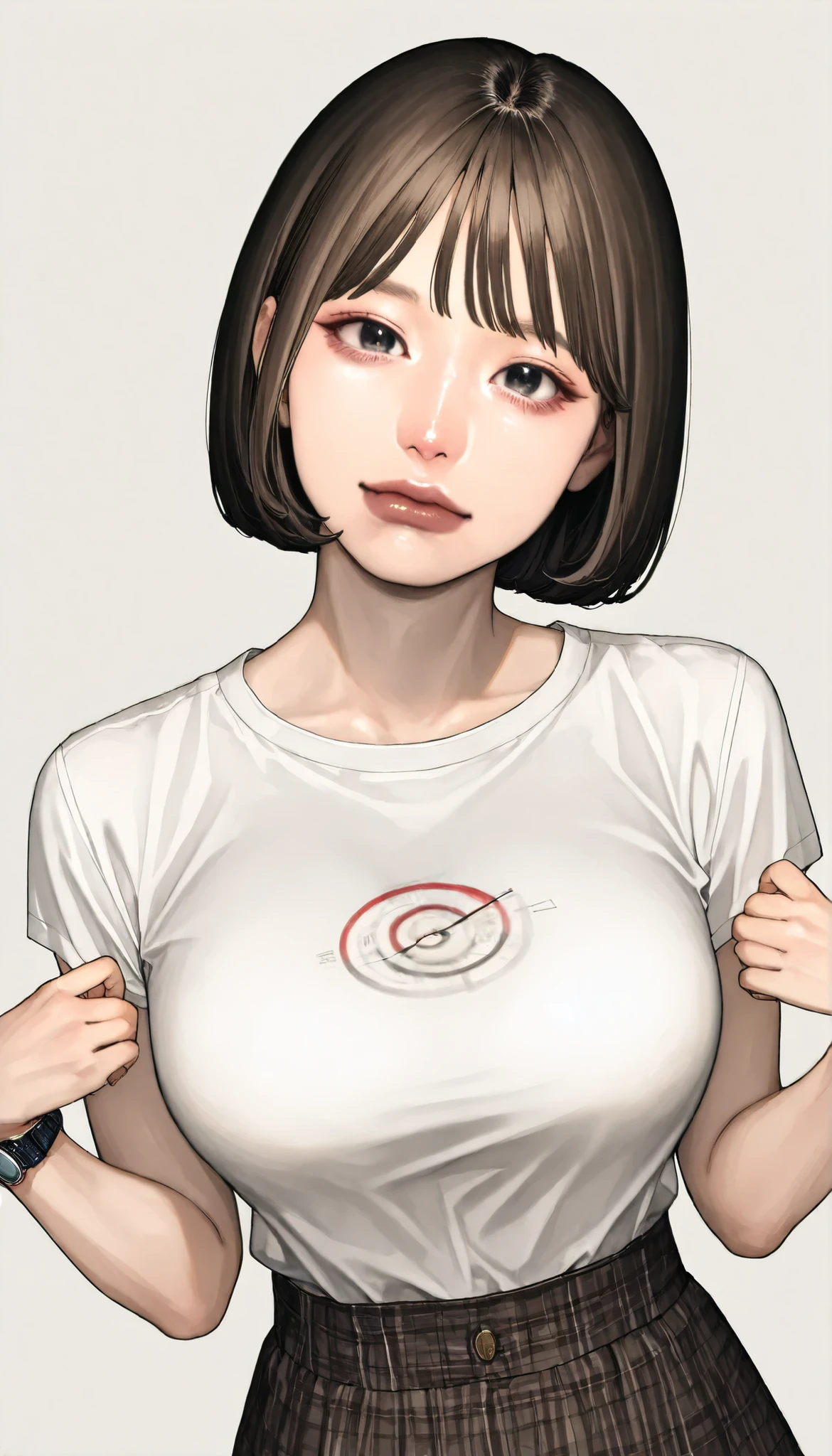 Writing depth , Target In Focus, ((dynamic angle)), sexy, Highest Quality,short bob hair、 detailed eyes, perfect eyes, Realistic Eyes, ((thick lower lip)), (Light Eyeliner), perfect eyes, Natural Looks That Will Highlight Your Summer, (white shirt), ( Plated Skirt ), Realistic breasts、Very Big Breasts, BREAK, portrait, bust shot, front map, watch viewers, cinematic perspective , simple background,