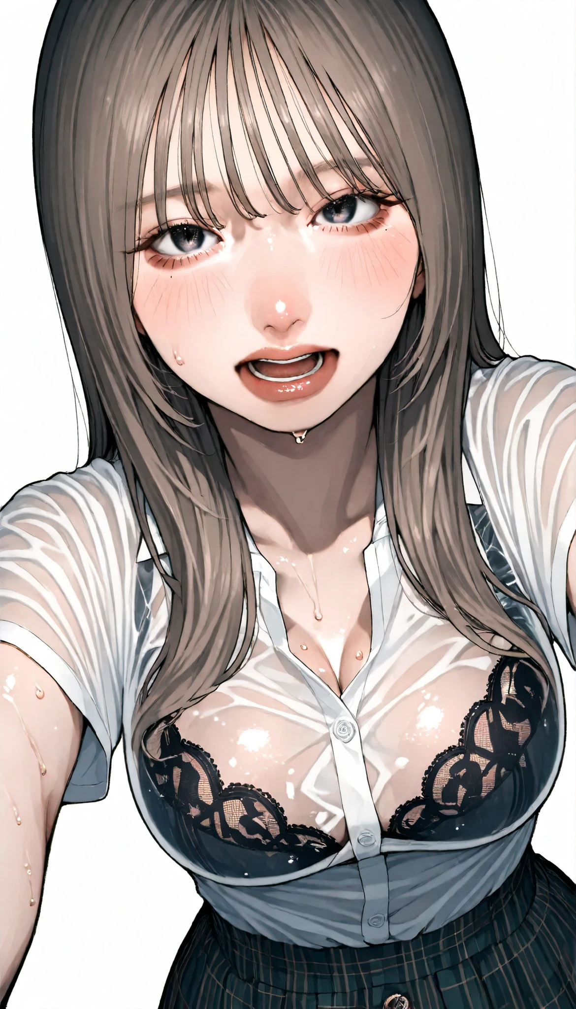 written depth, target in focus, ((dynamic angle)), sexy, Highest Quality, detailed eyes, perfect eyes, Realistic Eyes, ((Thick lower lip)), (Light Eyeliner), perfect eyes, natural look that highlights summer, (white shirt), ( Plated Skirt ), Realistic Chest、Very Big Breasts, The dark blue lace bra is visible through the cleavage of the shirt、Wet, transparent shirt、 blushing cheeks、slightly open mouth、BREAK, portrait, bust shot, Front Map, watch viewers, Cinematic Perspective, simple background,
