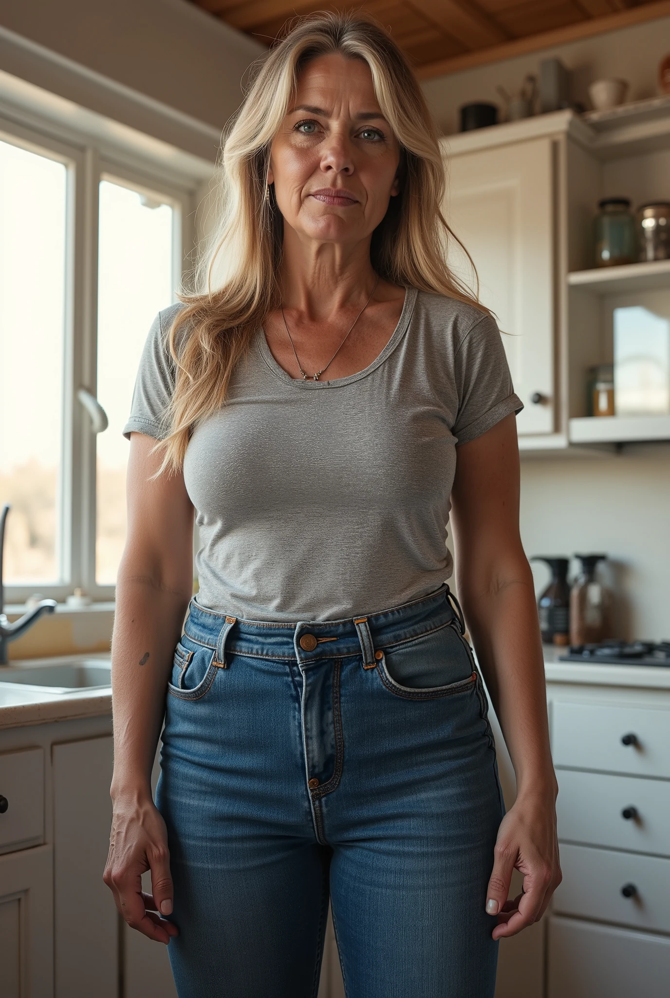 Photorealistic full-body portrait of a mature woman in a bright kitchen, captured from a very low camera angle so that she looms powerfully over the viewer.  visible signs of aging such as wrinkles, soft skin texture, and a fuller mature figure. Her long, wavy blonde hair with streaks of gray frames her face in a casual yet dignified style. She wears a fitted neutral t-shirt tucked into ultra high-waisted, tight-fitting jeans that emphasize her authentic curves and mature hips. She stands facing the viewer directly, posture tall and imposing, her stance broad and confident, filling the frame. Her expression is strict, stern, and commanding, with an intense gaze that radiates authority and control, as if she is towering above and asserting dominance over the viewer. Soft morning daylight streams through large kitchen windows, illuminating her and enhancing the dramatic, cinematic realism of the scene.