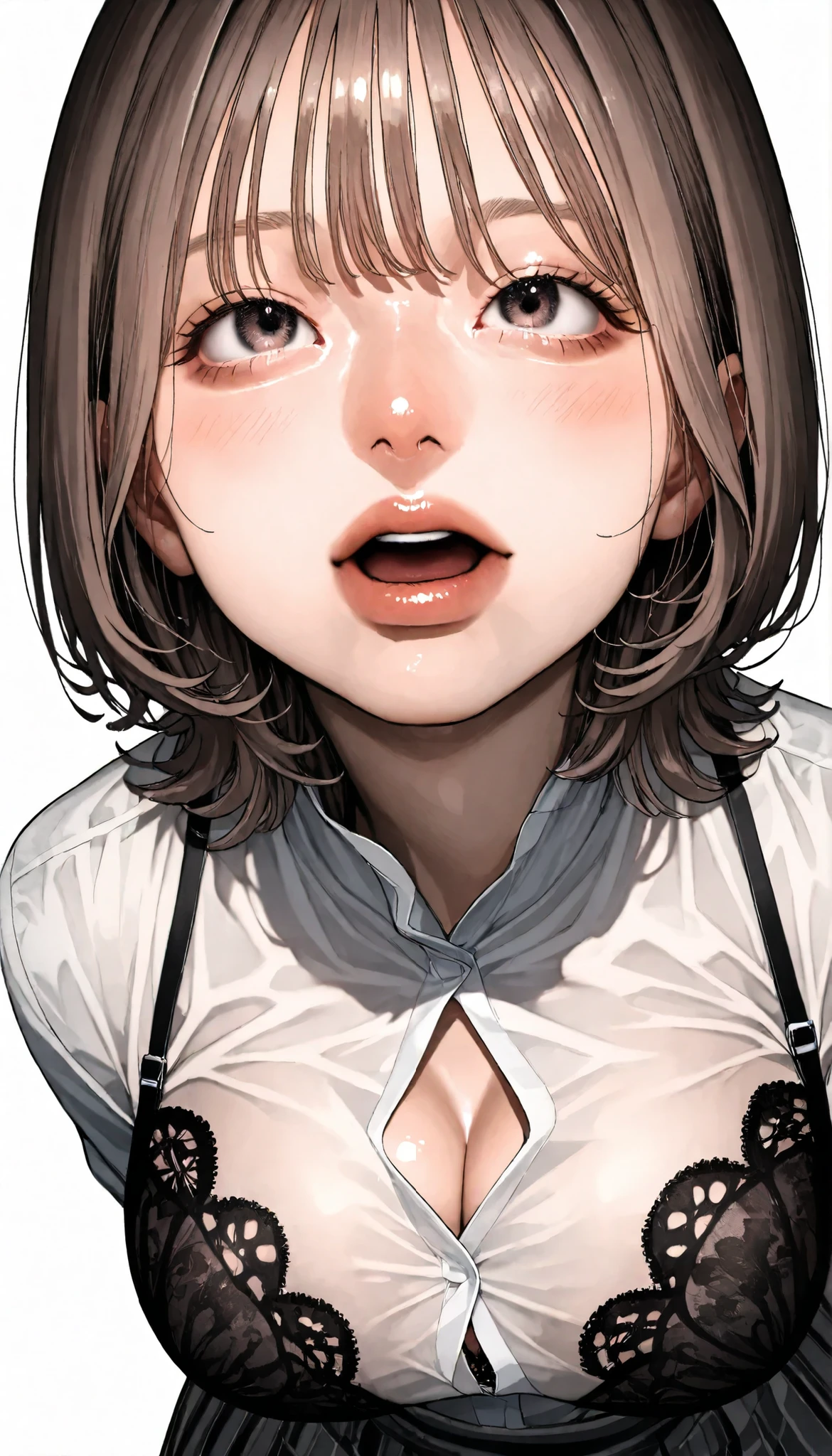 written depth, target in focus, ((dynamic angle)), sexy, Highest Quality, detailed eyes, perfect eyes, Realistic Eyes, ((Thick lower lip)), (Light Eyeliner), perfect eyes, natural look that highlights summer, (white shirt), ( Plated Skirt ), Realistic Chest、Very Big Breasts, The dark blue lace bra is visible through the cleavage of the shirt、 blushing cheeks、slightly open mouth、Moist eyes、Looking up、and look over、BREAK, portrait, bust shot, Front Map, watch viewers, Cinematic Perspective, simple background,