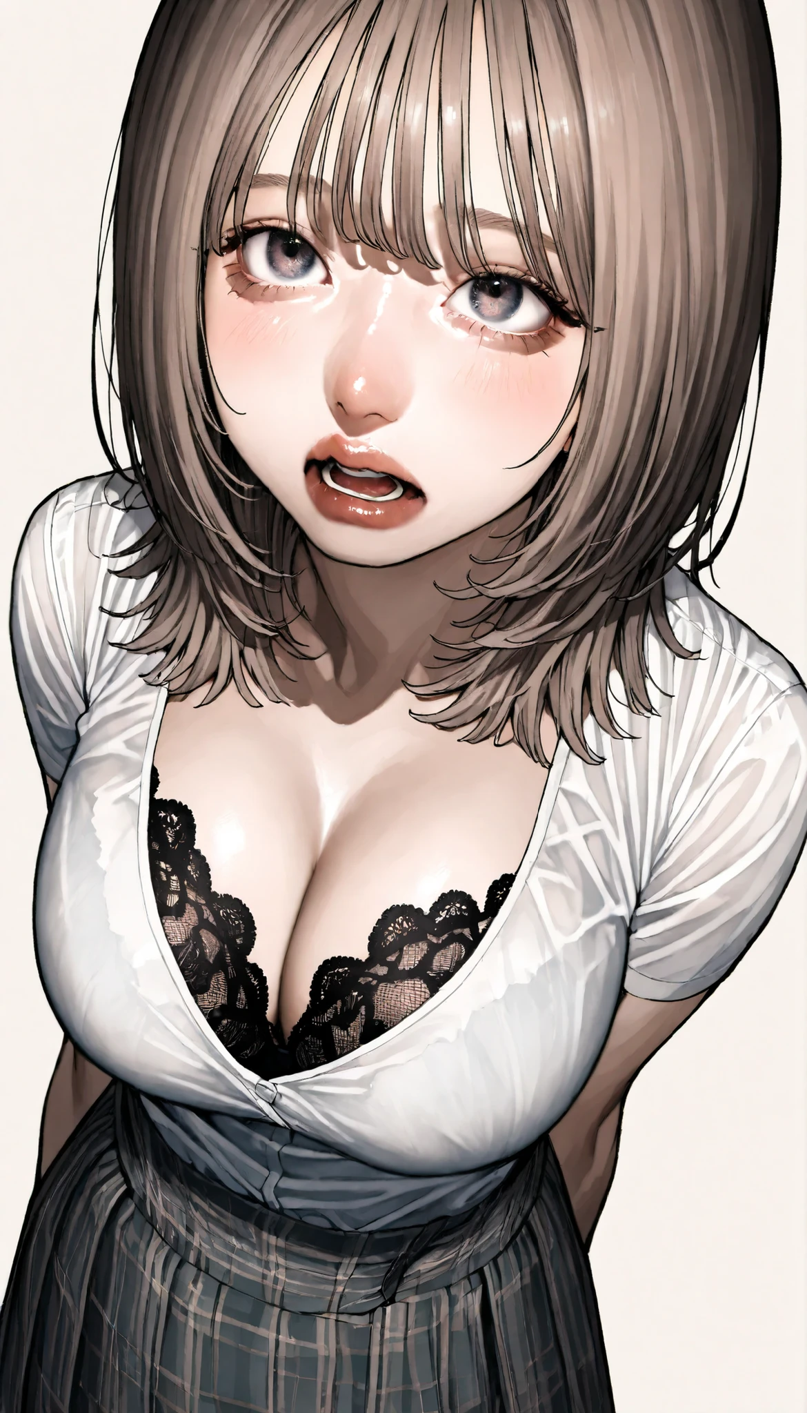 written depth, target in focus, ((dynamic angle)), sexy, Highest Quality, detailed eyes, perfect eyes, Realistic Eyes, ((Thick lower lip)), (Light Eyeliner), perfect eyes, natural look that highlights summer, (white shirt), ( Plated Skirt ), Realistic Chest、Very Big Breasts, The dark blue lace bra is visible through the cleavage of the shirt、 blushing cheeks、slightly open mouth、Moist eyes、Looking up、and look over、BREAK, portrait, bust shot, Front Map, watch viewers, Cinematic Perspective, simple background,