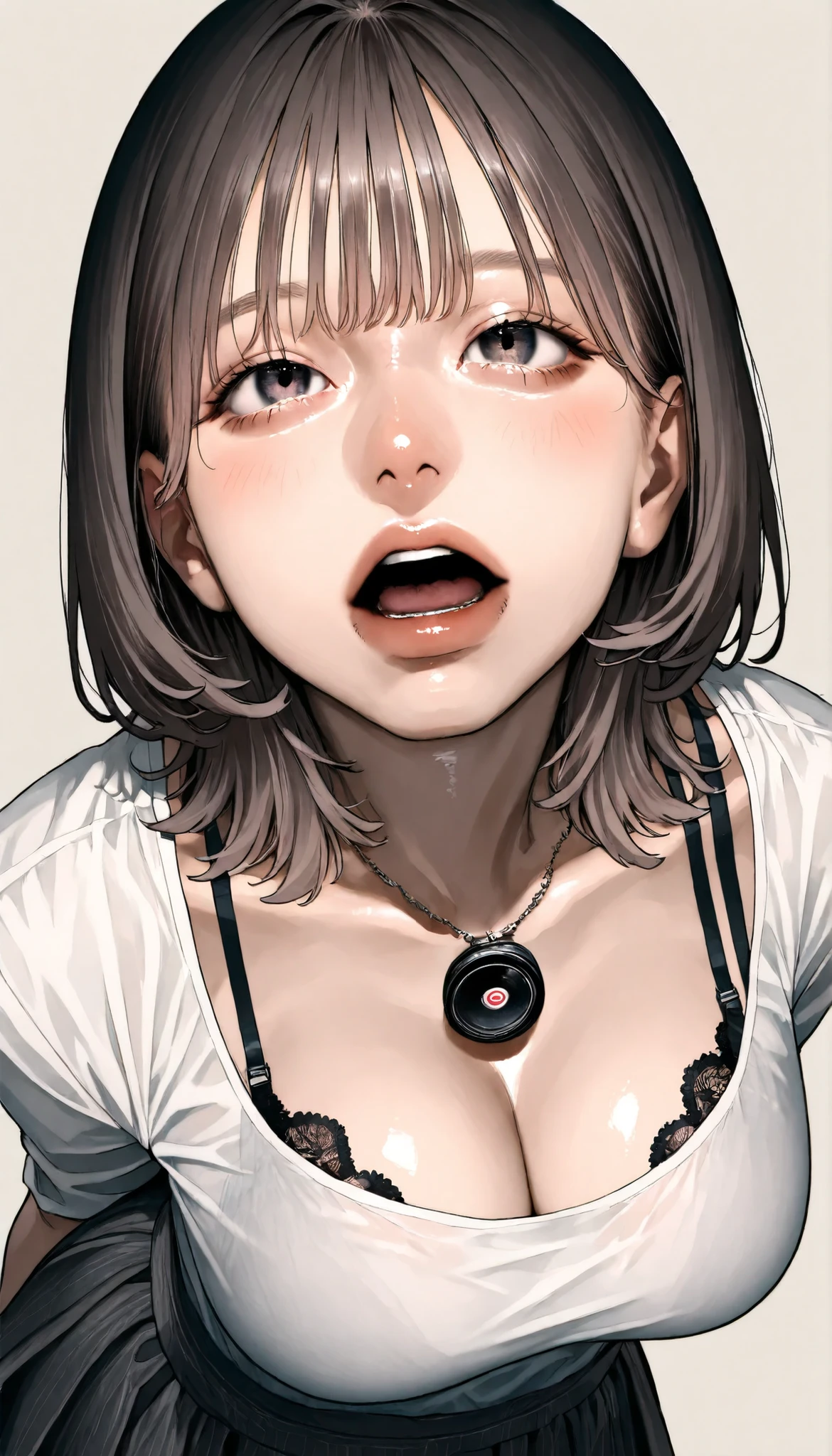 written depth, target in focus, ((dynamic angle)), sexy, Highest Quality, detailed eyes, perfect eyes, Realistic Eyes, ((Thick lower lip)), (Light Eyeliner), perfect eyes, natural look that highlights summer, (white shirt), ( Plated Skirt ), Realistic Chest、Very Big Breasts, The dark blue lace bra is visible through the cleavage of the shirt、 blushing cheeks、slightly open mouth、Moist eyes、Looking up、and look over、BREAK, portrait, bust shot, Front Map, watch viewers, Cinematic Perspective, simple background,