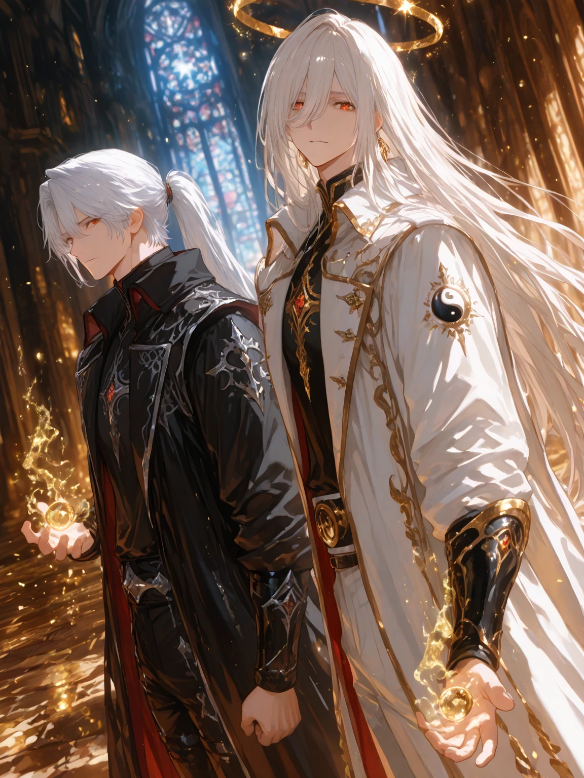 Alucard, with piercing crimson eyes (intensity:1.3), cheveux blonds, se tient haut et imposant dans un manteau noir sur mesure (hardware: laine fine) who gracefully cascades to his knees. Her silver hair (brightness:1.1) flows like liquid mercury, contrasting with her pale porcelain-like skin (ton:1.2). A dark aura surrounds it, accentuating his enigmatic expression (humeur: mystery) which alludes to unspeakable secrets. Ambient lighting (natural light: coucher de soleil) jette des ombres intrigantes sur ses traits tranchants, highlighting its strong jaw and aristocratic nose. in background, une architecture gothique vintage (style:1) adds a sense of antiquity, Improve the mysterious appeal of the photo. Un angle non conventionnel (perspective: dramatique) capture Alucard dans une pose contemplative (pose:1) with his gloved hand resting on the handle of a finely crafted katana (objet:1.1), more reflective of his complex personality,
