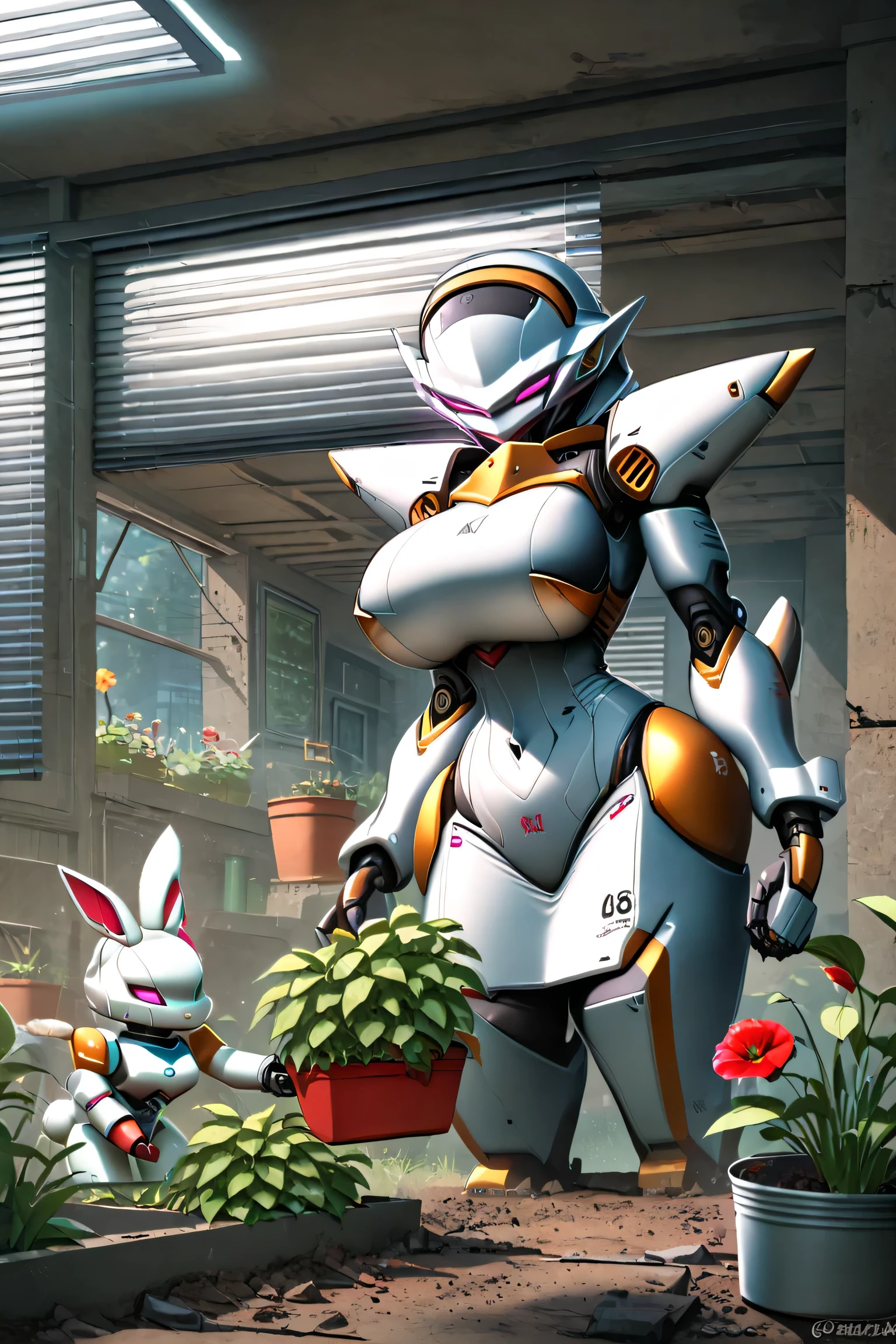 score_9_up,score_8_up,score_7_up,score_6_up,score_5_up,score_4_up,(((1 rabbit robot))),(((solo))),
no humans,Mecha,pekomama,(((milf))), (((mature female))),(((open eyes))),((gardening )) ,ruanyi0911,blinds,ruins,indoors,at night,cowboy shot,angle from below ,