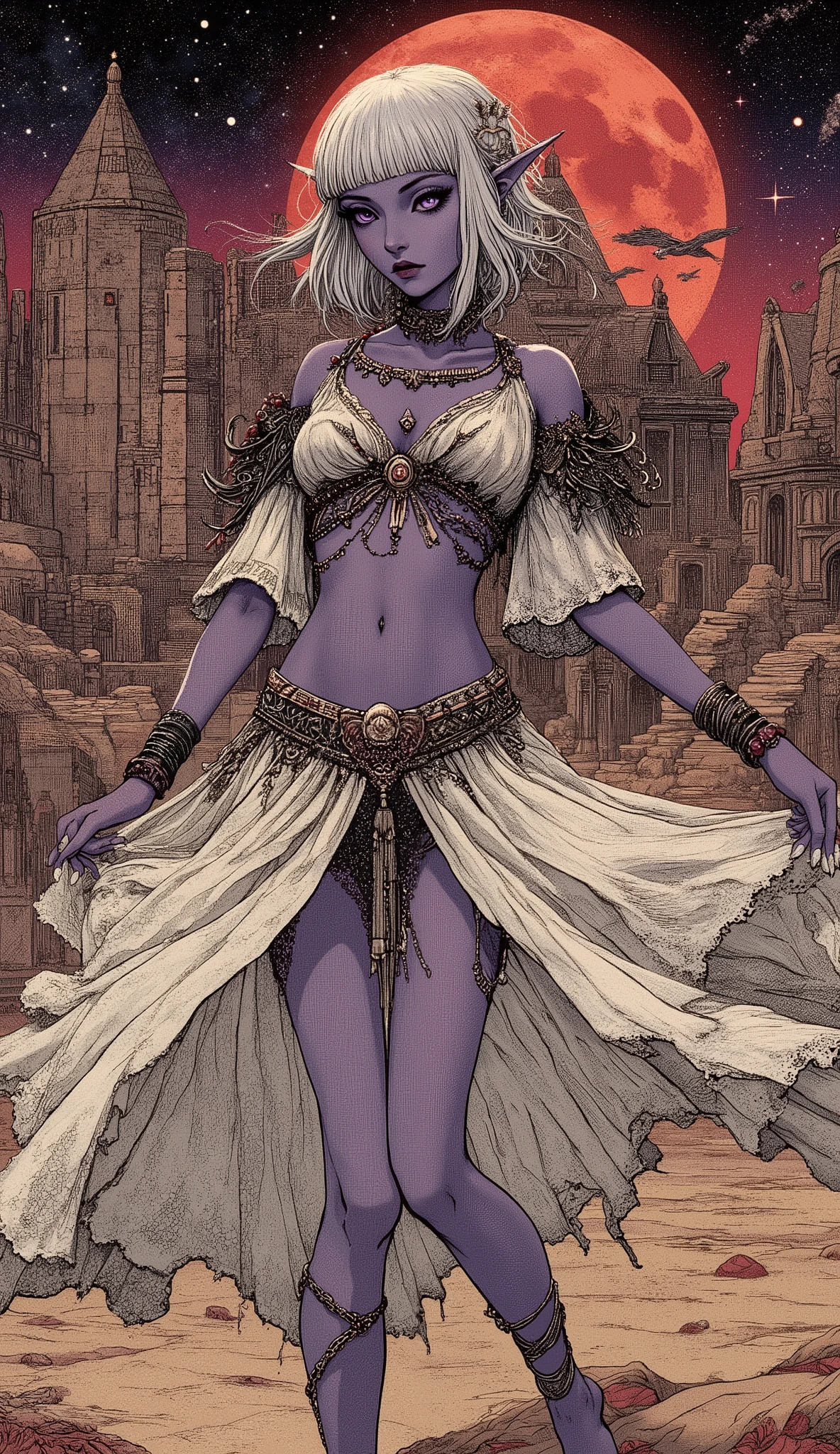 (The fusion of ukiyo-e and dark fantasy. Aesthetic, gothic-style digital art. Detailed facial rendering. Two female elves.) BREAK
(Translucent white hair. Straight-across bangs. White eyebrows. Long white eyelashes. Almond-shaped eyes. Lavender-colored irises. Thick, dark eyeliner. Small pink lips. Slightly pointed ears. Dark purple skin. Slender limbs. Thin fingers. White nails. Draw one thumb and four fingers precisely.) BREAK
(Medieval Egyptian style. A temple in a desert city under a crimson moon at midnight. A mysterious outdoor stone temple. The red sand desert stretches far into the distance. A dark elf woman twists her body slightly, spreads her legs wide, and lifts her skirt high to reveal her shorts. With large gestures and a bold pose, she dances a fiercely passionate belly dance. She wears a sexy dance costume in a medieval gypsy style-white, sheer fabric embroidered with black and red-and layers bracelets and anklets. Barefoot.)