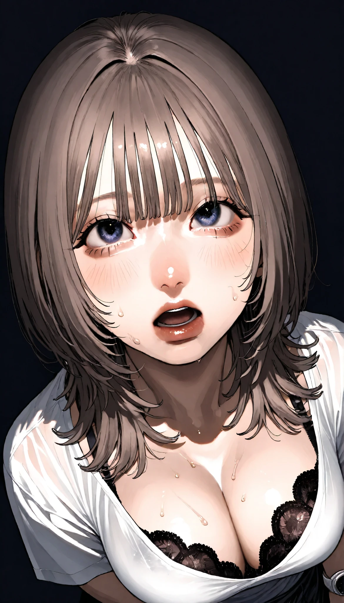 written depth, target in focus, ((dynamic angle)), sexy, Highest Quality, detailed eyes, perfect eyes, Realistic Eyes, ((Thick lower lip)), (Light Eyeliner), perfect eyes, natural look that highlights summer, (white shirt), ( Plated Skirt ), Realistic Chest、Very Big Breasts, The dark blue lace bra is visible through the cleavage of the shirt、Sweat saved shirt、 blushing cheeks、slightly open mouth、Moist eyes、Looking up、and look over、Bewitching、Lonely、BREAK, portrait, bust shot, Front Map, watch viewers, Cinematic Perspective, simple background,