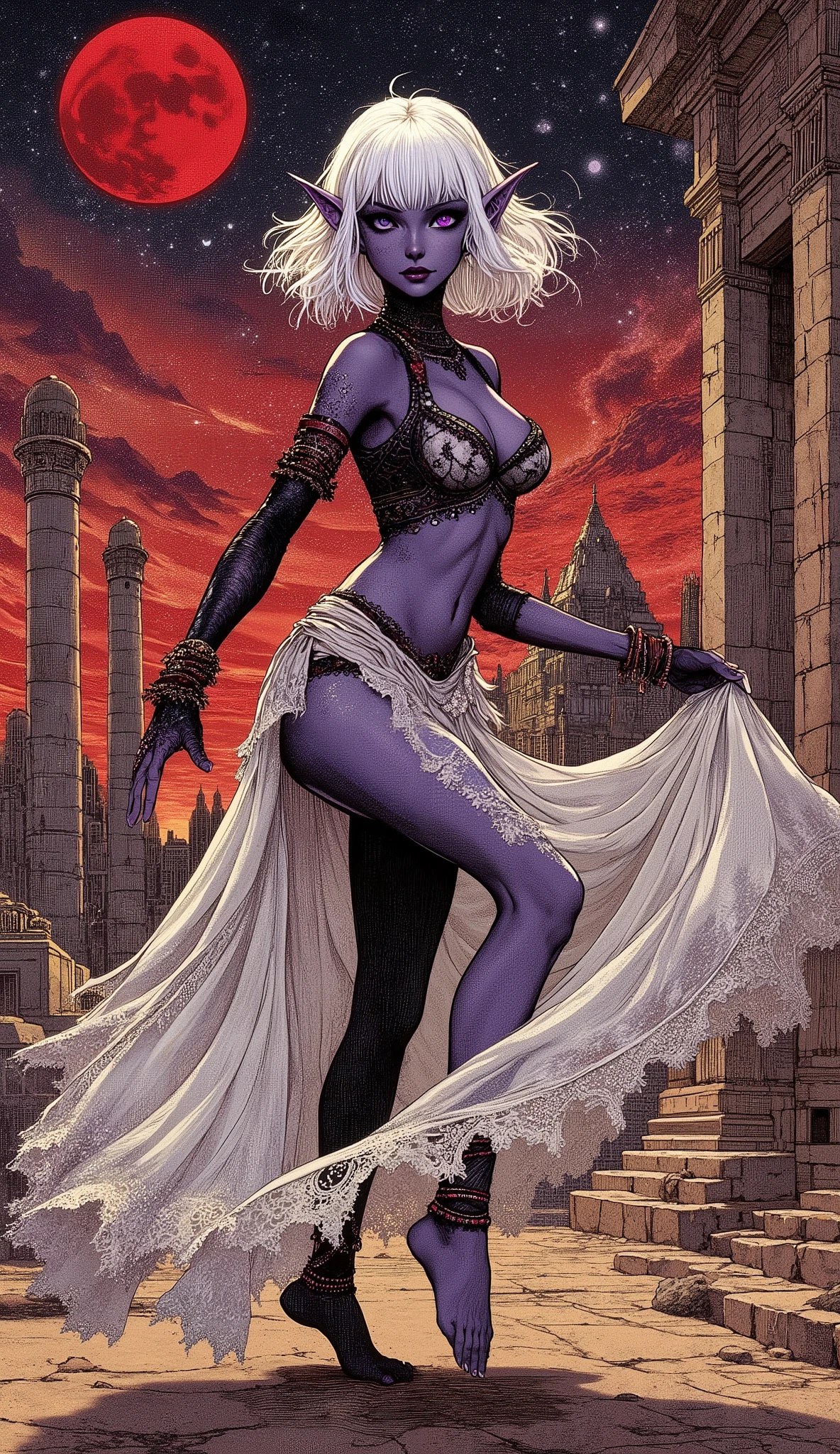 (The fusion of ukiyo-e and dark fantasy. Aesthetic, gothic-style digital art. Detailed facial rendering. Two female elves.) BREAK
(Translucent white hair. Straight-across bangs. White eyebrows. Long white eyelashes. Almond-shaped eyes. Lavender-colored irises. Thick, dark eyeliner. Small pink lips. Slightly pointed ears. Dark purple skin. Slender limbs. Thin fingers. White nails. Draw one thumb and four fingers precisely.) BREAK
(Medieval Egyptian style. A temple in a desert city under a crimson moon at midnight. A mysterious outdoor stone temple. The red sand desert stretches far into the distance. A dark elf woman twists her body slightly, spreads her legs wide, and lifts her skirt high to reveal her shorts. With large gestures and a bold pose, she dances a fiercely passionate belly dance. She wears a sexy dance costume in a medieval gypsy style-white, sheer fabric embroidered with black and red-and layers bracelets and anklets. Barefoot.)