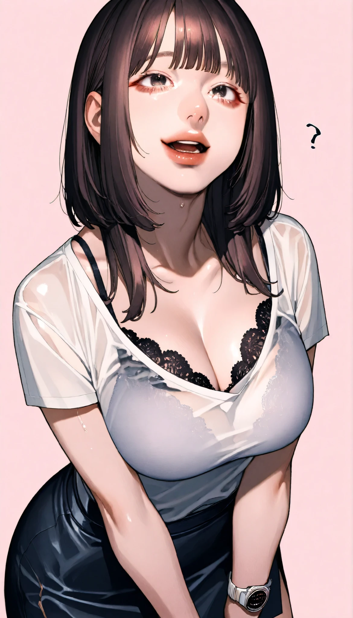 written depth, target in focus, ((dynamic angle)), sexy, Highest Quality, detailed eyes, perfect eyes, Realistic Eyes, ((Thick lower lip)), (Light Eyeliner), perfect eyes, natural look that highlights summer, (white shirt), ( Plated Skirt ), Realistic Chest、Very Big Breasts, The dark blue lace bra is visible through the cleavage of the shirt、Sweat saved shirt、Tight Super Mini Skirt、dark haired、tickling expression、Full Bangs, Red Cheeks、slightly open mouth、Moist eyes、Looking up、and look over、Bewitching、Lonely、BREAK, portrait, bust shot, Front Map, watch viewers, Cinematic Perspective, simple background,