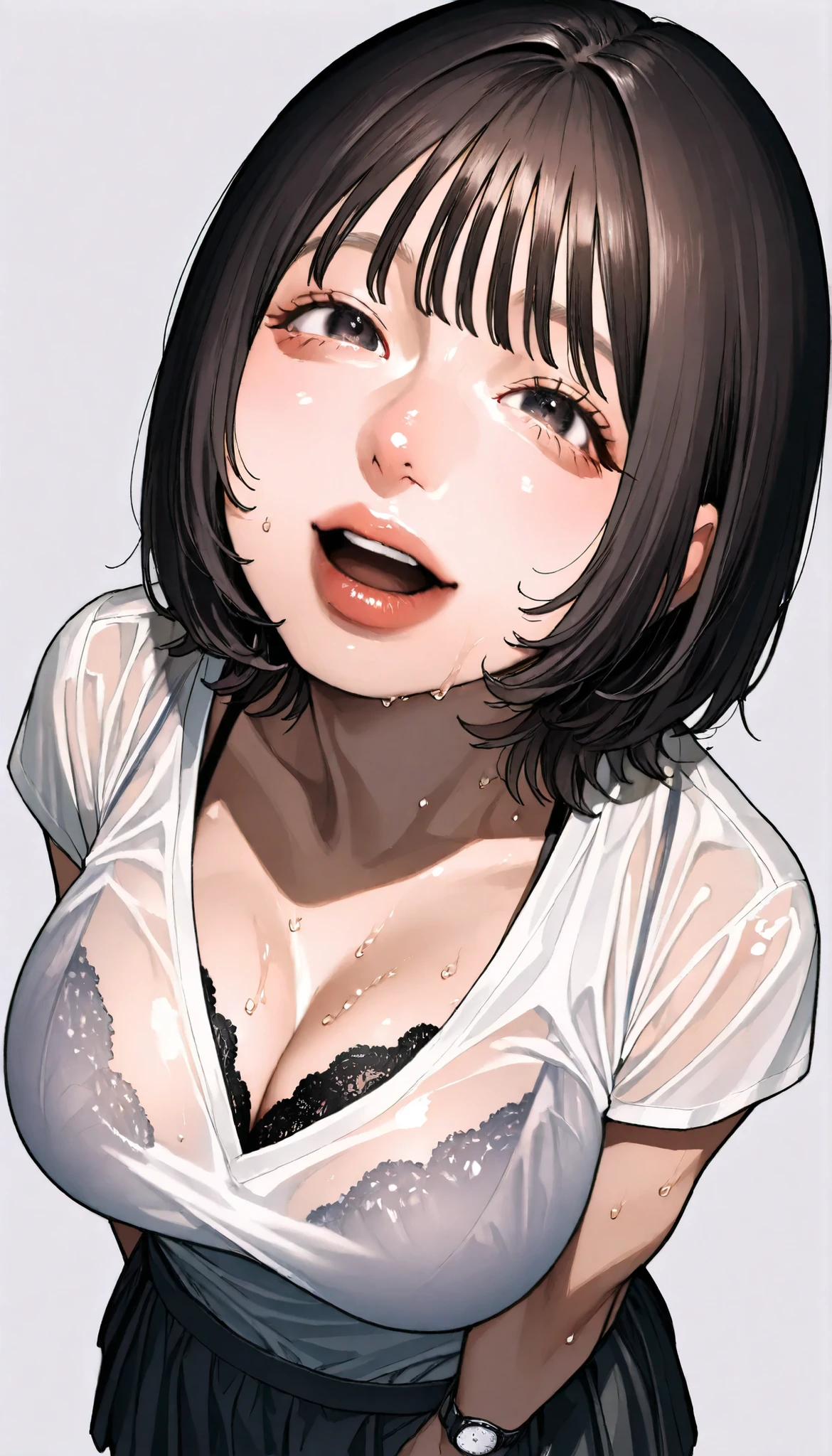 written depth, target in focus, ((dynamic angle)), sexy, Highest Quality, detailed eyes, perfect eyes, Realistic Eyes, ((Thick lower lip)), (Light Eyeliner), perfect eyes, natural look that highlights summer, (white shirt), ( Plated Skirt ), Realistic Chest、Very Big Breasts, The dark blue lace bra is visible through the cleavage of the shirt、Sweat saved shirt、Tight Super Mini Skirt、dark haired、tickling expression、Full Bangs, Red Cheeks、slightly open mouth、Moist eyes、Looking up、and look over、Bewitching、Lonely、BREAK, portrait, bust shot, Front Map, watch viewers, Cinematic Perspective, simple background,