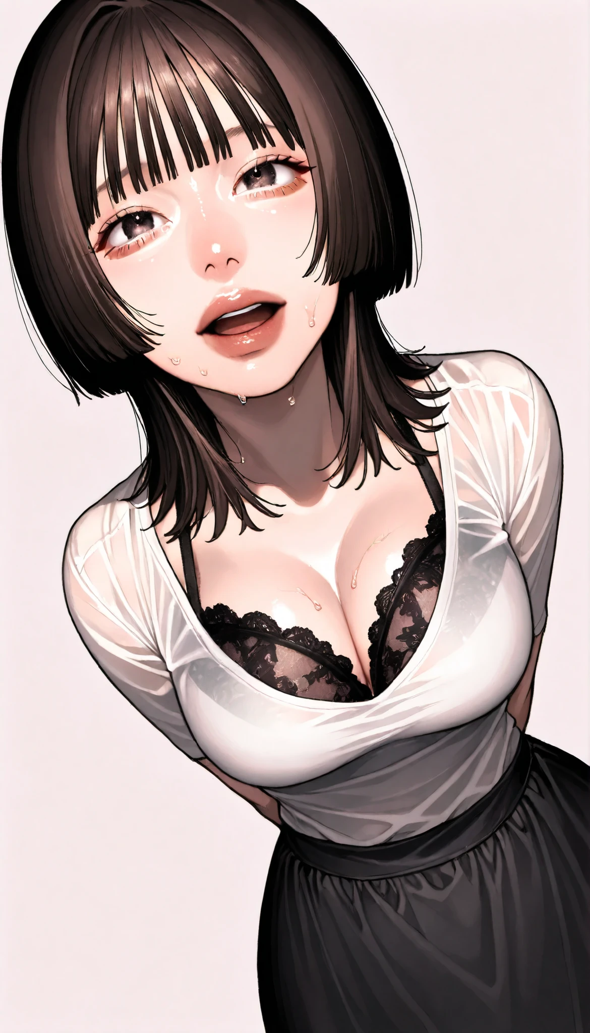 written depth, target in focus, ((dynamic angle)), sexy, Highest Quality, detailed eyes, perfect eyes, Realistic Eyes, ((Thick lower lip)), (Light Eyeliner), perfect eyes, natural look that highlights summer, (white shirt), ( Plated Skirt ), Realistic Chest、Very Big Breasts, The dark blue lace bra is visible through the cleavage of the shirt、Sweat saved shirt、Tight Super Mini Skirt、dark haired、tickling expression、full bangs、princess cut、Red cheeks、slightly open mouth、Moist eyes、Looking up、and look over、Bewitching、Lonely、BREAK, portrait, bust shot, Front Map, watch viewers, Cinematic Perspective, simple background,