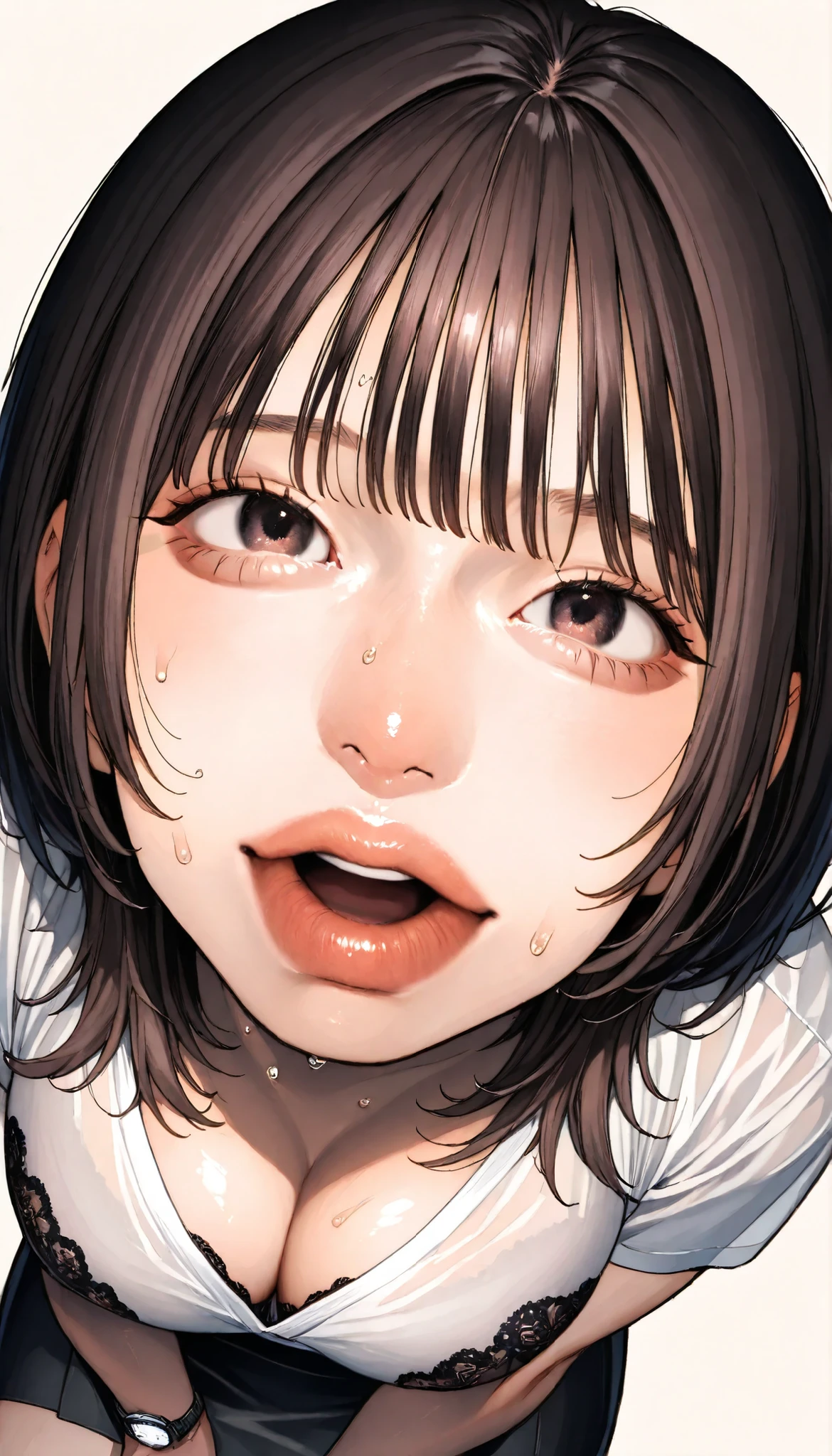 written depth, target in focus, ((dynamic angle)), sexy, Highest Quality, detailed eyes, perfect eyes, Realistic Eyes, ((Thick lower lip)), (Light Eyeliner), perfect eyes, natural look that highlights summer, (white shirt), ( Plated Skirt ), Realistic Chest、Very Big Breasts, The dark blue lace bra is visible through the cleavage of the shirt、Sweat saved shirt、tight super mini skirt、dark haired、tickling expression、full bangs、princess cut、Red cheeks、slightly open mouth、Moist eyes、Looking up、and look over、Bewitching、Lonely、BREAK, portrait, bust shot, Front Map, watch viewers, Cinematic Perspective, simple background,