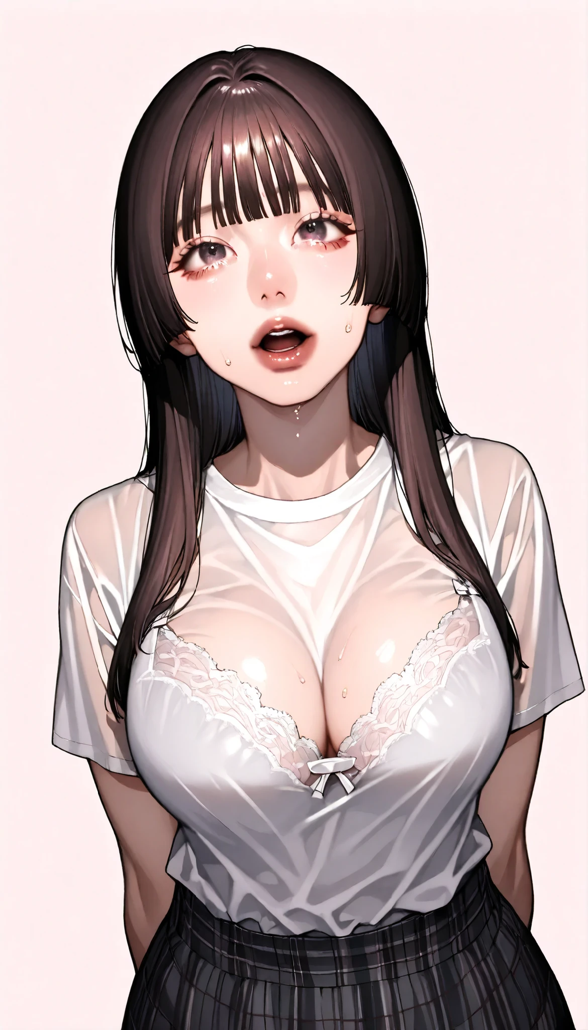 written depth, target in focus, ((dynamic angle)), sexy, Highest Quality, detailed eyes, perfect eyes, Realistic Eyes, ((Thick lower lip)), (Light Eyeliner), perfect eyes, natural look that highlights summer, (white shirt), ( Plated Skirt ), Realistic Chest、Very Big Breasts, The white lace bra is visible through the cleavage of the shirt、Sweat saved shirt、tight super mini skirt、dark haired、tickling expression、full bangs、princess cut、Red cheeks、slightly open mouth、Moist eyes、Looking up、and look over、Bewitching、Lonely、BREAK, portrait, bust shot, Front Map, watch viewers, Cinematic Perspective, simple background,