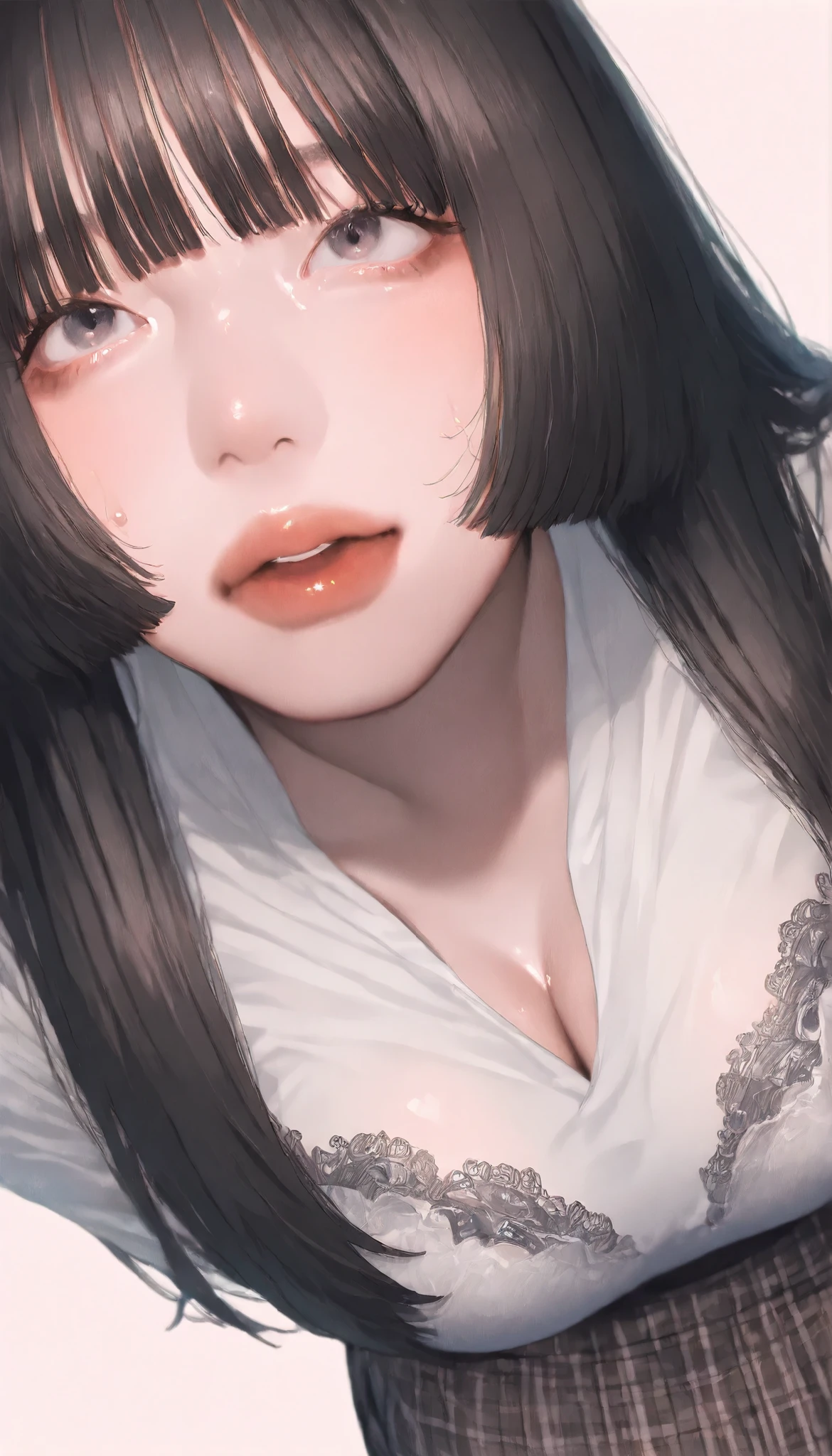 written depth, target in focus, ((dynamic angle)), sexy, Highest Quality, detailed eyes, perfect eyes, Realistic Eyes, ((Thick lower lip)), (Light Eyeliner), perfect eyes, natural look that highlights summer, (white shirt), ( Plated Skirt ), Realistic Chest、Very Big Breasts, The dark blue lace bra is visible through the cleavage of the shirt、Sweat saved shirt、tight super mini skirt、dark haired、tickling expression、full bangs、princess cut、Red cheeks、slightly open mouth、Moist eyes、Looking up、and look over、Bewitching、Lonely、BREAK, portrait, bust shot, Front Map, watch viewers, Cinematic Perspective, simple background,