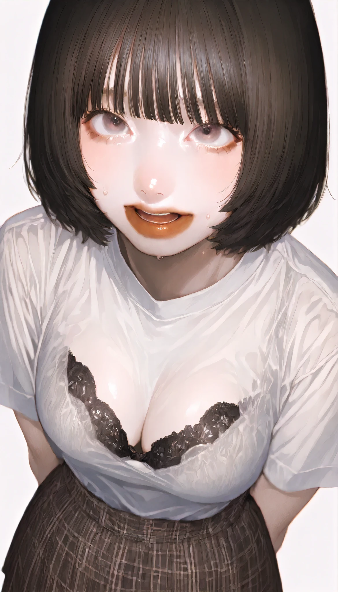 written depth, target in focus, ((dynamic angle)), , Highest Quality, detailed eyes, perfect eyes, Realistic Eyes, ((Thick lower lip)), (Light Eyeliner), perfect eyes, natural look that highlights summer, (white shirt), ( Plated Skirt ), Realistic Chest、Very , The dark blue lace bra is visible through the cleavage of the shirt、Sweat saved shirt、tight super mini skirt、dark haired、tickling expression、full bangs、princess cut、Red cheeks、slightly open mouth、Moist eyes、Looking up、and look over、Bewitching、Lonely、BREAK, portrait, bust shot, Front Map, watch viewers, Cinematic Perspective, simple background,