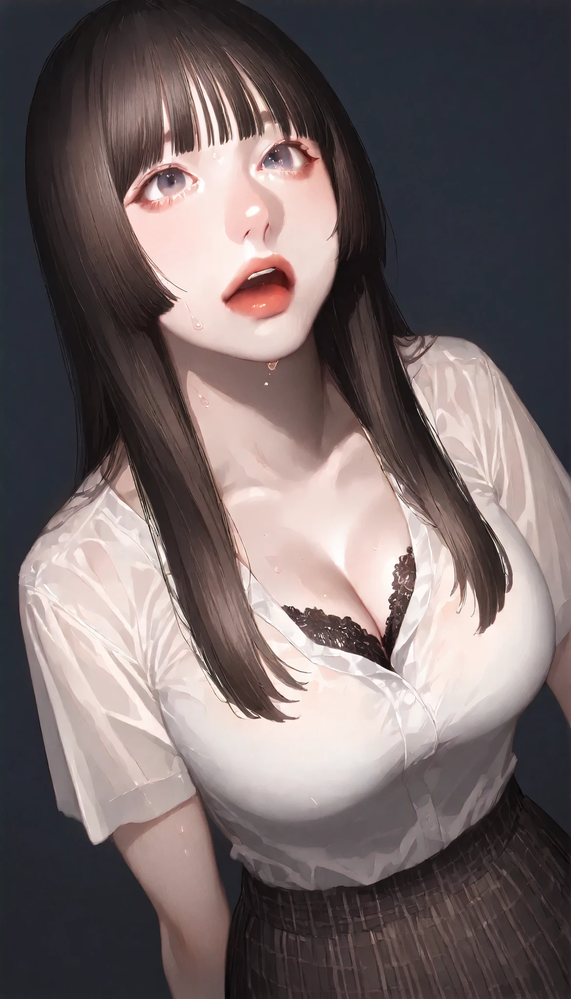 written depth, target in focus, ((dynamic angle)), sexy, Highest Quality, detailed eyes, perfect eyes, Realistic Eyes, ((Thick lower lip)), (Light Eyeliner), perfect eyes, natural look that highlights summer, (white shirt), ( Plated Skirt ), Realistic Chest、Very Big Breasts, The dark blue lace bra is visible through the cleavage of the shirt、Sweat saved shirt、Tight Super Mini Skirt、dark haired、tickling expression、Long hair、full bangs、princess cut、Red cheeks、slightly open mouth、Moist eyes、Looking up、and look over、Bewitching、Lonely、BREAK, portrait, bust shot, Front Map, watch viewers, Cinematic Perspective, simple background,