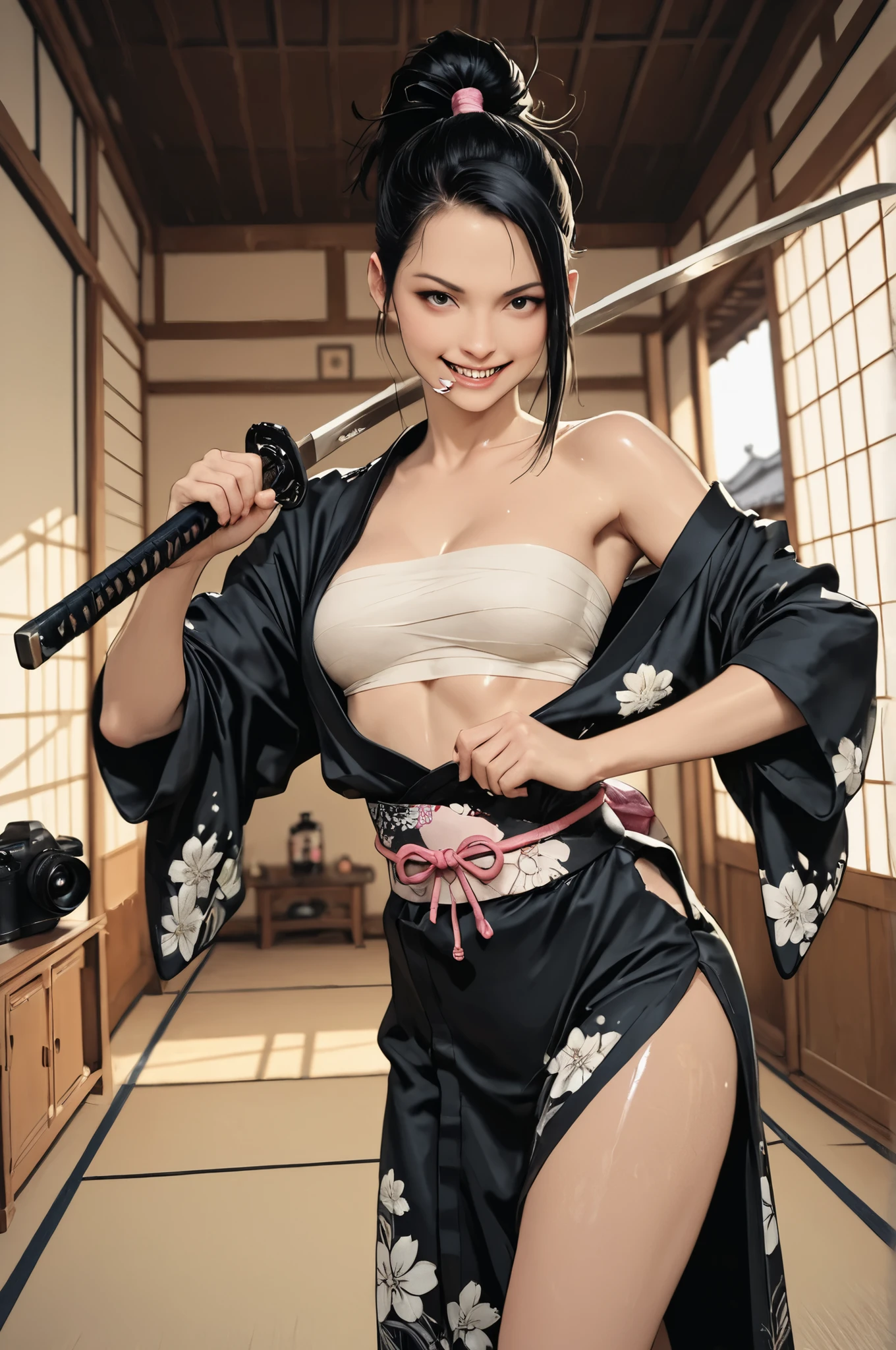 Kunoichi, (highest masterpiece, best quality), Super Detailed, ultra sharp, ultra high definition, 16K octane, cinematic lighting effects, ray tracing, professional camera work in training clothes, charming and dynamic perspective, Unexpected angle, Professional Fashion Model, model photography, one beautiful woman standing next to a building, wearing a beautifully detailed Kunoichi-style kimono, wrapped tightly around her chest, in a traditional Japanese room, holding a sword with both hands on the upper level、in a dynamic pose, In Action, motion capture, dramatic lighting, realistic fabric texture, intricate details on clothing and swords, realistic skin texture, photorealistic, black hair, with a sharp smile and slightly open her mouth, blurry background, drop shadow, Caustics, accurate ratio, cinematic atmosphere with pink pill bottles, stunning composition, focus on the Kunoichi costume, white sarashi, and swords, ((shiny skin)), ((glossy skin))
