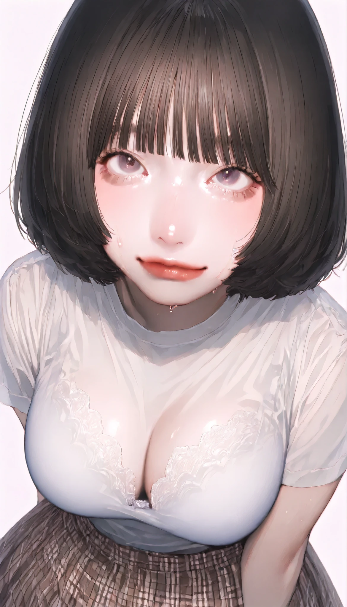 written depth, target in focus, ((dynamic angle)), sexy, Highest Quality, detailed eyes, perfect eyes, Realistic Eyes, ((Thick lower lip)), (Light Eyeliner), perfect eyes, natural look that highlights summer, (white shirt), ( Plated Skirt ), Realistic Chest、Very Big Breasts, The white lace bra is visible through the cleavage of the shirt、Sweat saved shirt、tight super mini skirt、dark haired、tickling expression、full bangs、princess cut、Red cheeks、Glossy Pink Lips、Moist eyes、Looking up、and look over、watch viewers、Bewitching、Lonely、BREAK, portrait, bust shot, Front Map, watch viewers, Cinematic Perspective, simple background,