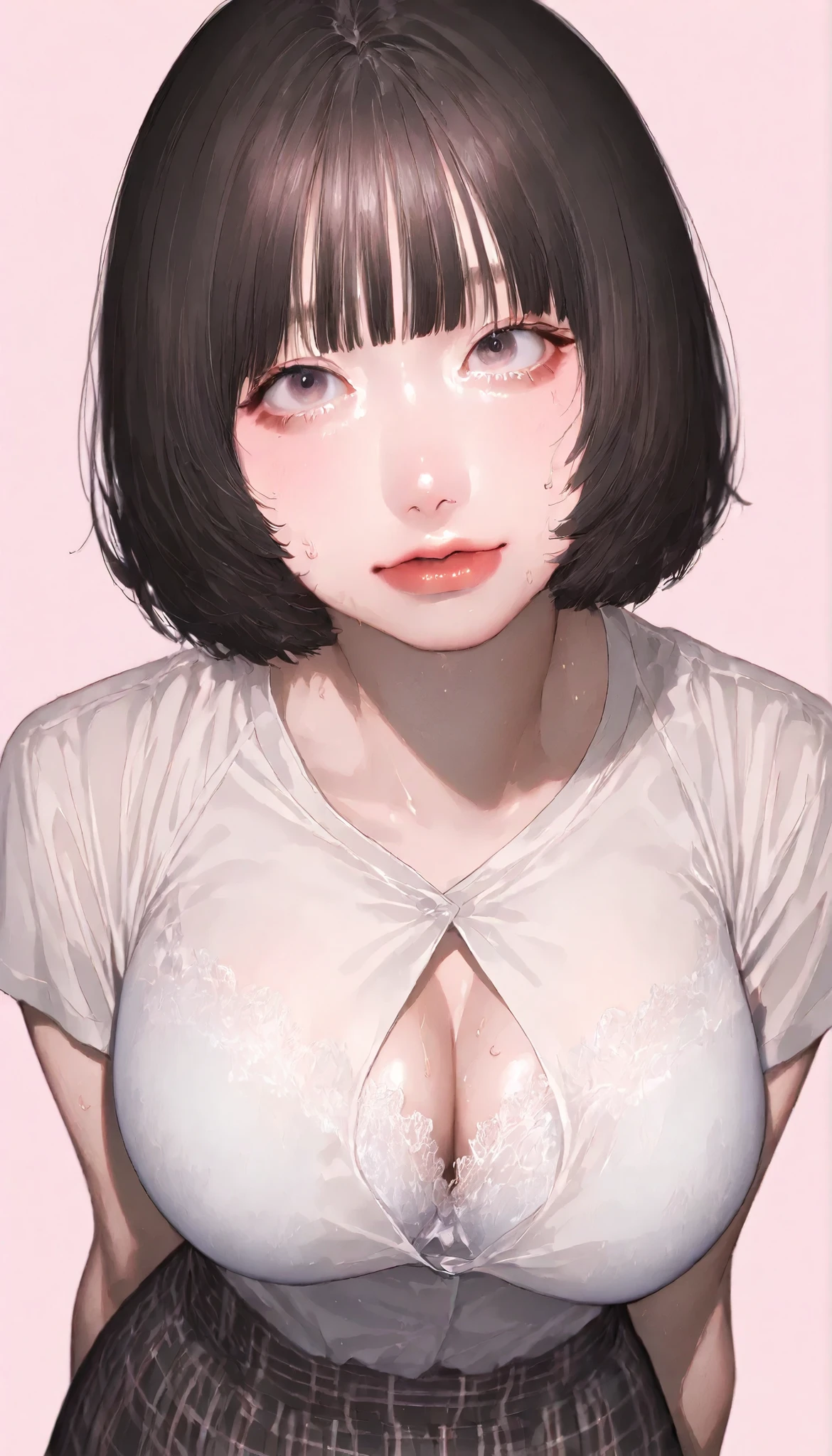 written depth, target in focus, ((dynamic angle)), sexy, Highest Quality, detailed eyes, perfect eyes, Realistic Eyes, ((Thick lower lip)), (Light Eyeliner), perfect eyes, natural look that highlights summer, (white shirt), ( Plated Skirt ), Realistic Chest、Very Big Breasts, The white lace bra is visible through the cleavage of the shirt、Sweat saved shirt、Tight Super Mini Skirt、dark haired、tickling expression、full bangs、princess cut、Red cheeks、Glossy Pink Lips、Moist eyes、Looking up、and look over、watch viewers、Bewitching、Lonely、BREAK, portrait, bust shot, Front Map, watch viewers, Cinematic Perspective, simple background,