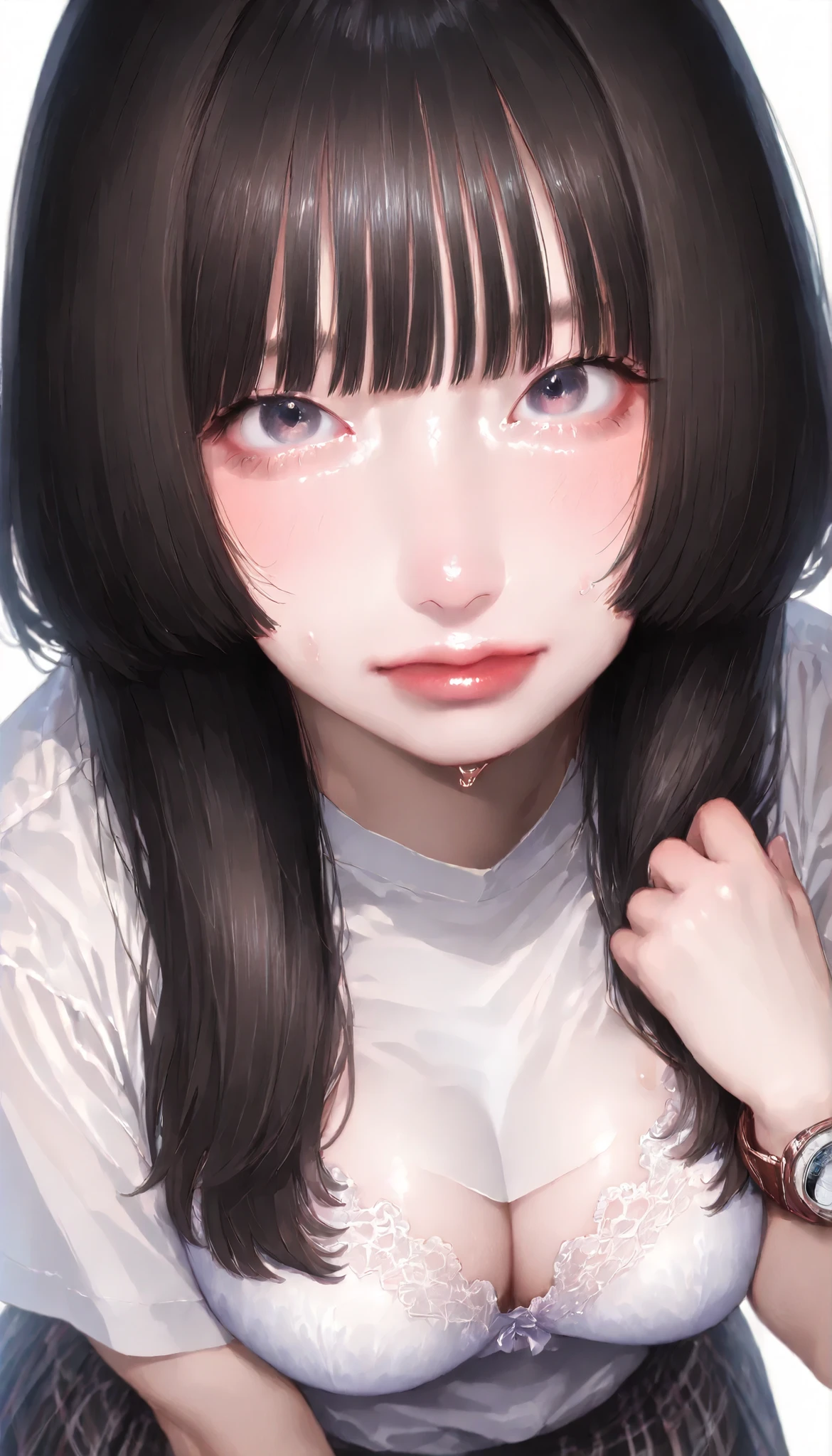 written depth, target in focus, ((dynamic angle)), sexy, Highest Quality, detailed eyes, perfect eyes, Realistic Eyes, ((Thick lower lip)), (Light Eyeliner), perfect eyes, natural look that highlights summer, (white shirt), ( Plated Skirt ), Realistic Chest、Very Big Breasts, The white lace bra is visible through the cleavage of the shirt、Sweat saved shirt、tight super mini skirt、dark haired、tickling expression、full bangs、princess cut、Red cheeks、Glossy Pink Lips、Moist eyes、Looking up、and look over、watch viewers、Bewitching、Lonely、BREAK, portrait, bust shot, Front Map, watch viewers, Cinematic Perspective, simple background,