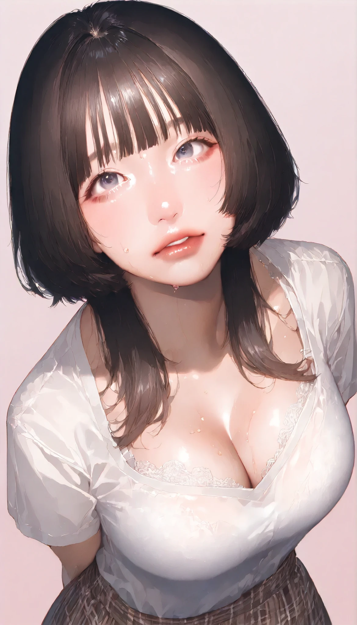 written depth, target in focus, ((dynamic angle)), , Highest Quality, detailed eyes, perfect eyes, Realistic Eyes, ((Thick lower lip)), (Light Eyeliner), perfect eyes, natural look that highlights summer, (white shirt), ( Plated Skirt ), Realistic Chest、Very , The white lace bra is visible through the cleavage of the shirt、Sweat saved shirt、tight super mini skirt、dark haired、tickling expression、full bangs、princess cut、Red cheeks、Glossy Pink Lips、Moist eyes、Looking up、and look over、watch viewers、Bewitching、Lonely、BREAK, portrait, bust shot, Front Map, watch viewers, Cinematic Perspective, simple background,