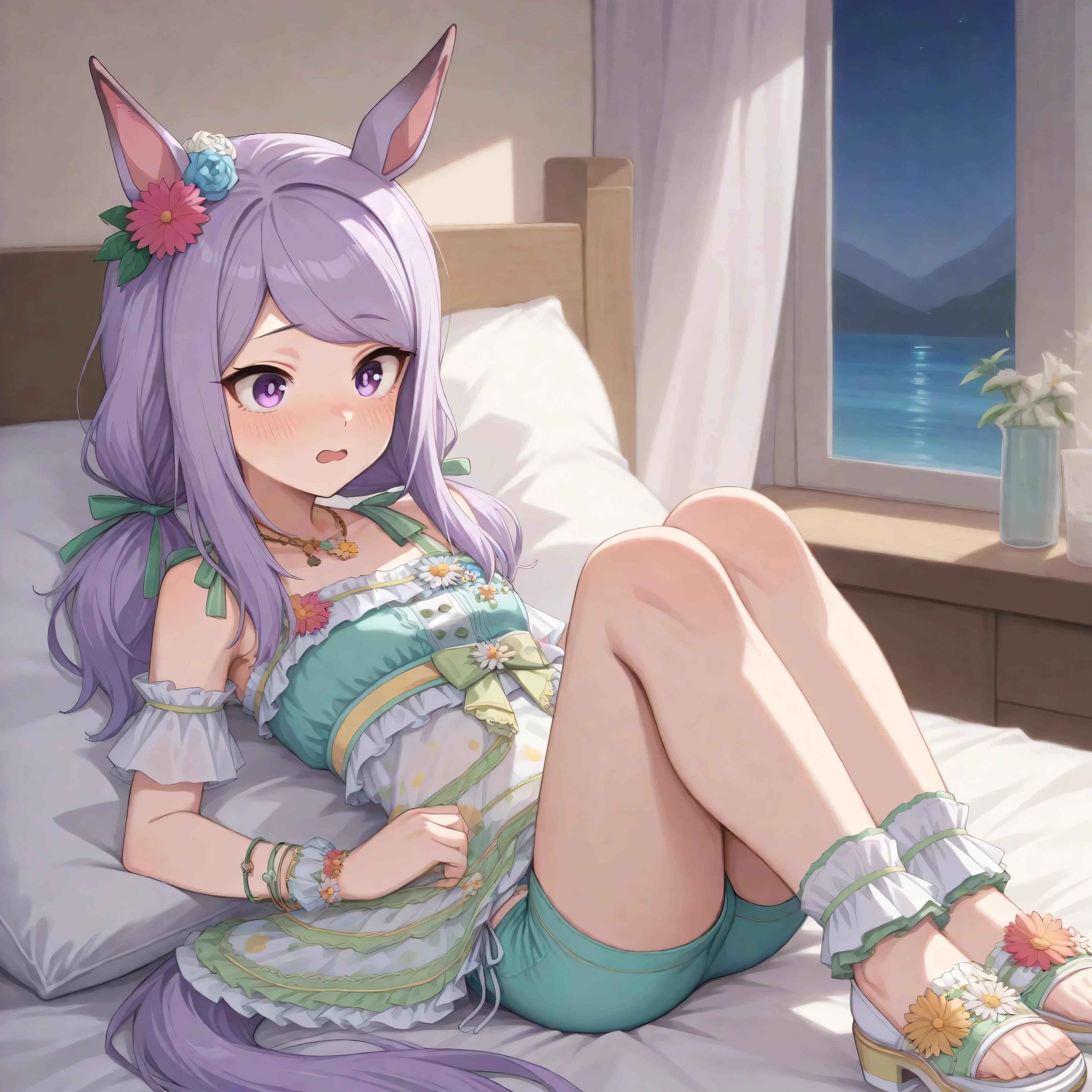 anime, lazypos, masterpiece, vibrant colors, high contrast, in bedroom, on bed, night, night time, 1girl, mmacqueen, long hair, purple hair, horse girl, purple eyes, flat chest, mmfairlady, see-through frilled dress, green bikini, yellow necklace, ear flower, bracelet, green hair ribbon, ear flower, white sandals, low twintails, surprised, embarrassed, blushing, 