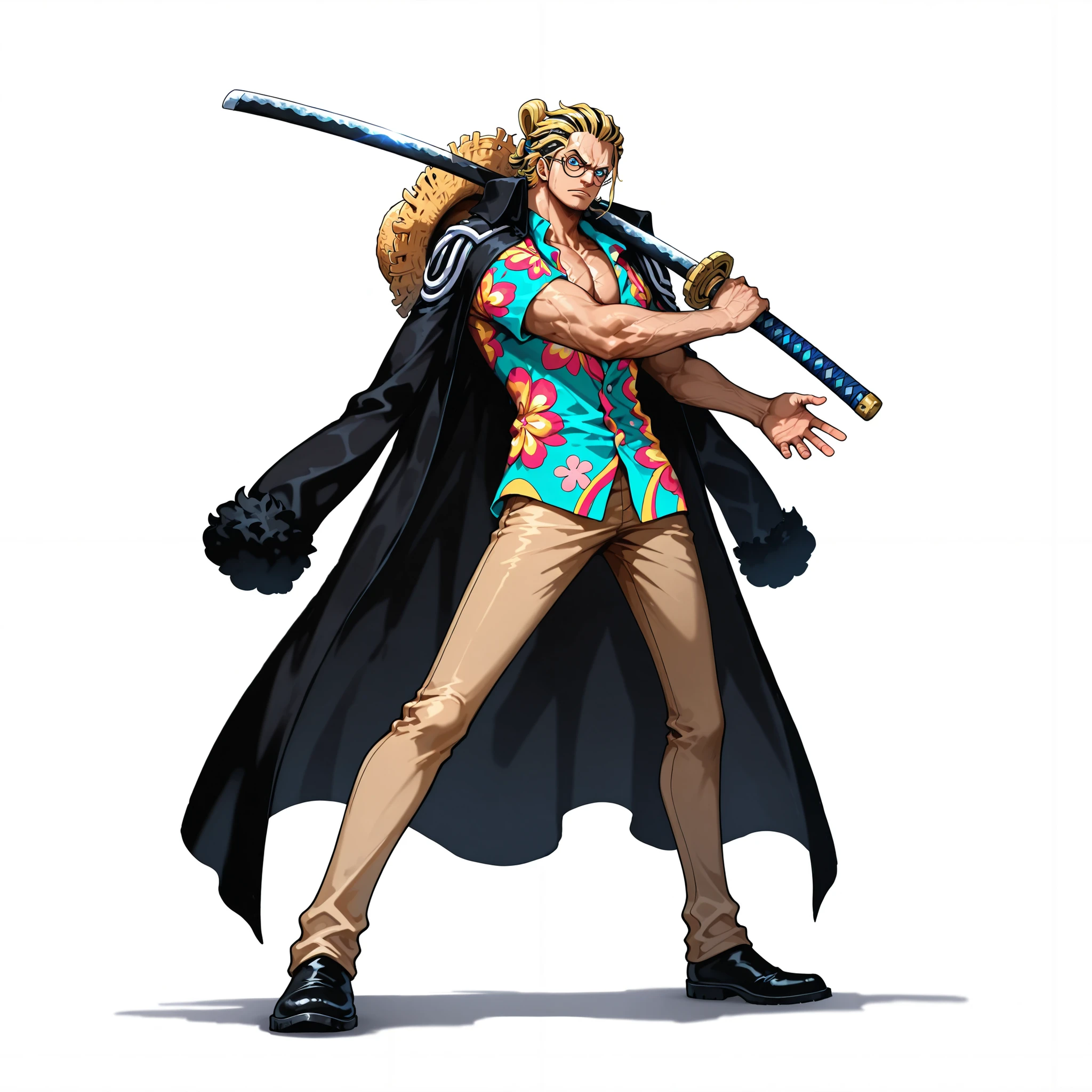 (male), (middle aged man), (slicked back hairstyle), (blonde hair), (blue eyes), (round glasses), (muscular body), (holding katana), (serious face), (solo), (single character), (full body version), (white background), (no background), (highly detailed), (shadow), (standing pose), (natural light), (detailed outfit), (detailed hand), (detailed face), (detailed hair)
Wearing a colorful open Hawaiian shirt with floral patterns, long light brown trousers, black shoes, long black coat draped on shoulders, Hawaiian straw hat, (One piece style art)