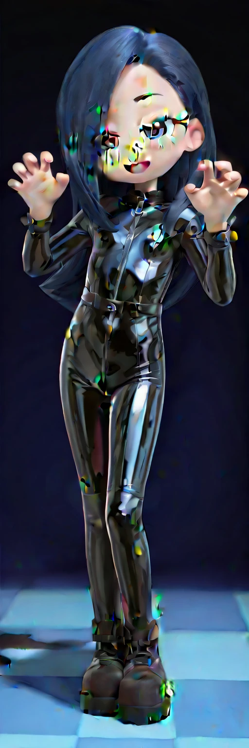 Ellie, alone, reflective chrome statue of 30-year-old woman, side-parting voluminous straight shoulder-length perfect bob haircut, reflective chrome-skinned, reflective chrome hair, no eyes, wearing reflective chrome turtleneck catsuit, large chunky steel hoop earrings, faceless, large breasts, wide waist, hourglass body, standing square-on, both hands raised, facing camera, plain cream studio background, upper body photo, hyperdetailed photography