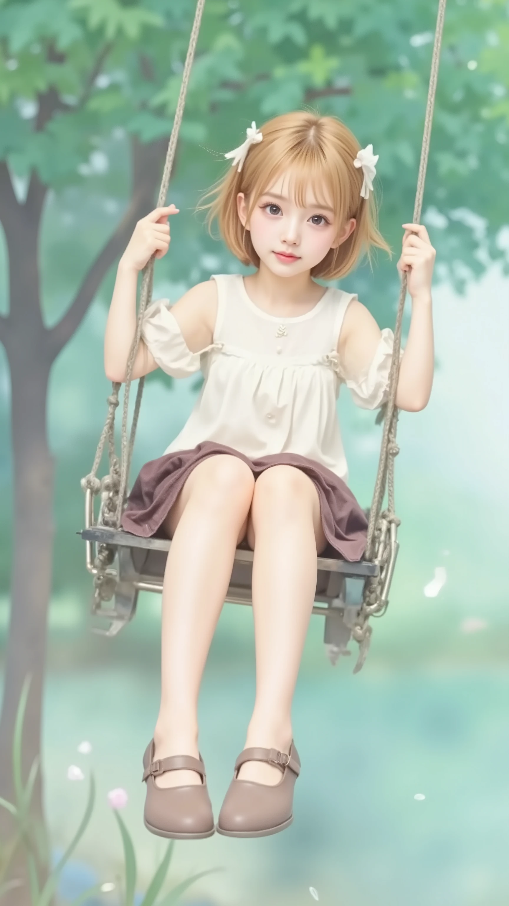 cute girl sitting on a swing in the air with a tree in the background, cute girl visual, Also, shiRabii, rei hiroe, kagamine Also, splash art anime loli, KyoAni, Cute Girl , Smooth CG Art , Loli Dress, Best Girl, (panty shot:1.2), swing, (detailed hands:1.3, Perfectly Right Hand:1.3), 8K, Highest Quality, Highest Image Quality