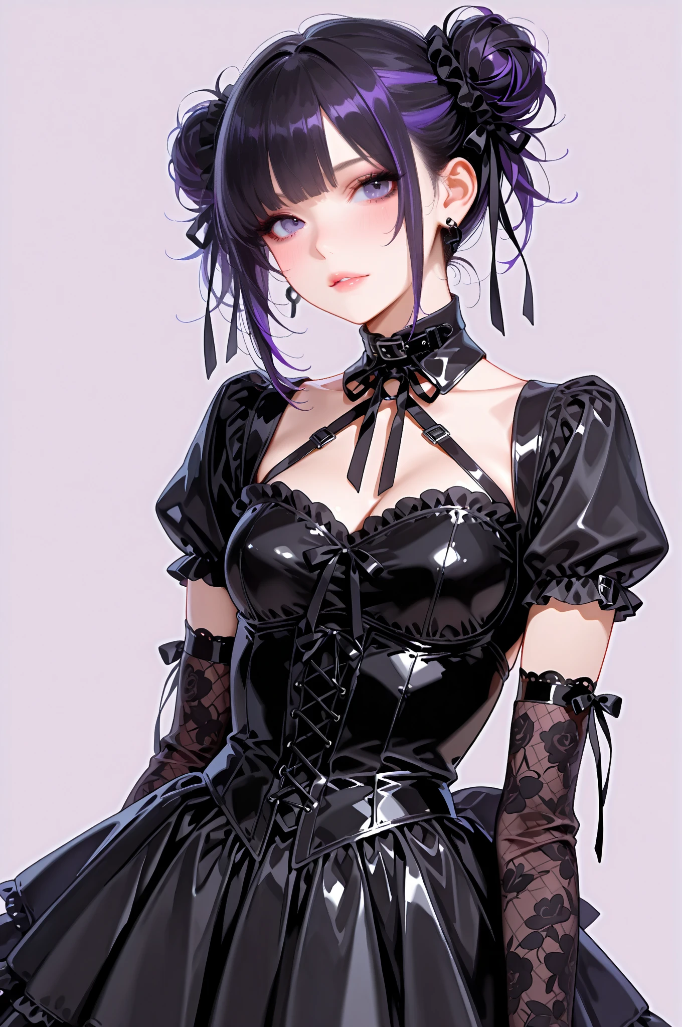 A woman (hyuuga hinata) with Roxo hair and Luminous eyes(Empty eyes)  looks at the camera, 
ruanyi0801,revealing clothes,jewelry,chainmail,sleeveless,tight skirt
Beautiful picture of the character, character portrait, character portrait, 🤤 hinata huyga character art, epic portrait illustration, 
oil and watercolor painting, dark, chiaroscuro, MythAn1m3(UHigh resolution, retina, masterpiece, Accurate, Anatomically correct, Textured skin, Very detailed, Attention to detail, high quality, 最high quality, High resolution, 1080p, High resolution, 4K, 8k, 16k), (Beautiful details, Beautiful lip detail, Very detailedな目と顔),(masterpiece:1.2, 最high quality), (Realistic, photoRealistic:1.4), Beautiful illustrations, (Natural Side Lighting, Cinema Lighting), Looking at the audience, Upper Body, (Front view), 1 girl, Perfect Face, Symmetrical cute face, Shiny skin, Baby Face, Long eyelashes, (Mid-), (Wide :1.2),Shortcuts,Beautiful Hair, Beautiful Face, Beautiful and beautiful eyes, Beautiful body, Beautiful , Beautiful thighs, Beautiful feet, Beautiful fingers,
(Beautiful views),16 years old,Pale skin,Woman in black corset and goth hair, With earrings, One Girl, alone, Black Hair, short hair, ring,(pierce:1.5),(Punk Style:1.5),(Gothic Dress),(Black Lips:1.7),