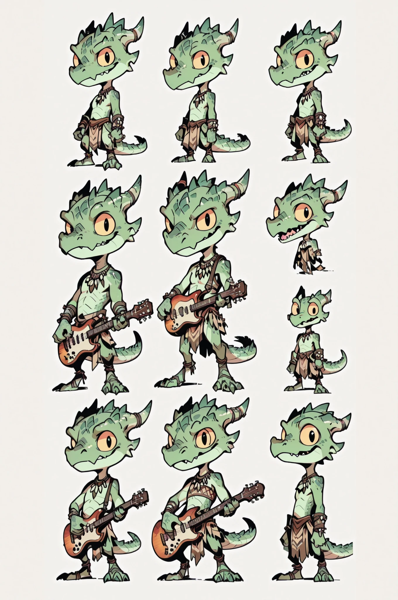 Three( male,green skin, green scales, (((Kobold)), (detailed kobold)) bearing a musician instruments, a tribal clothes, character design, toon style, chibi
