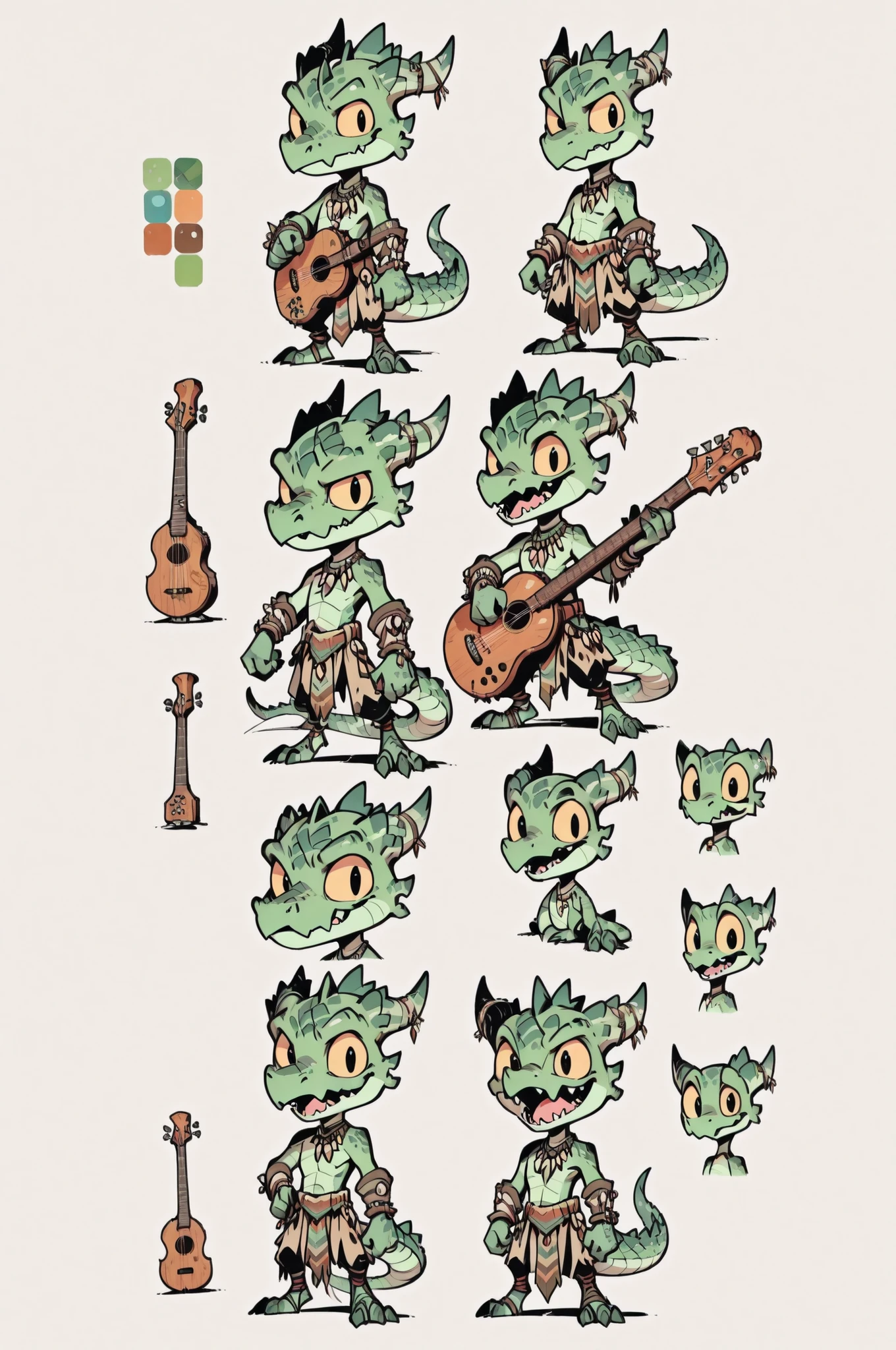 Three( male,green skin, green scales, (((Kobold)), (detailed kobold)) bearing a musician instruments, a tribal clothes, character design, toon style, chibi