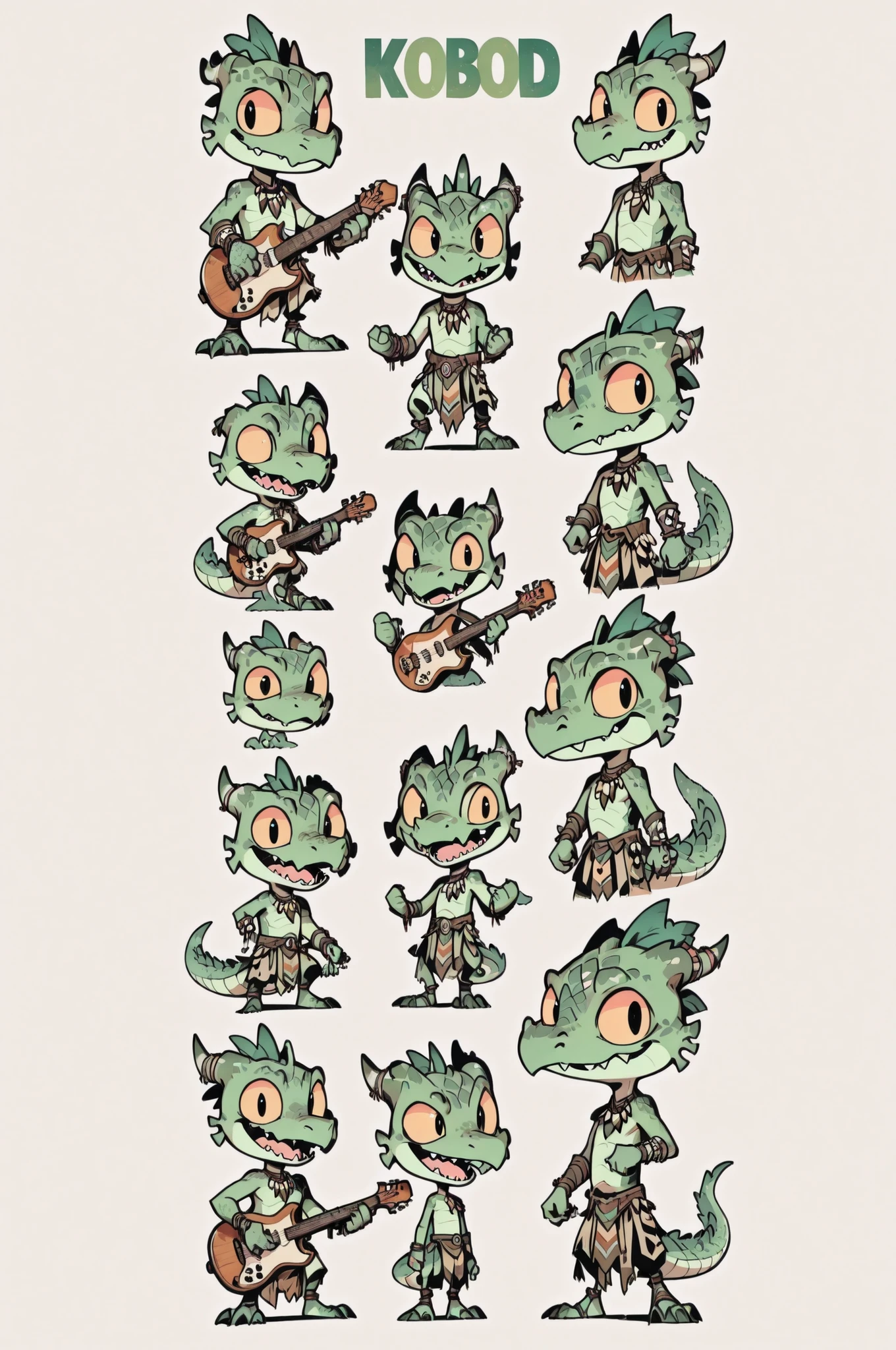 Three( male,green skin, green scales, (((Kobold)), (detailed kobold)) bearing a musician instruments, a tribal clothes, character design, toon style, chibi