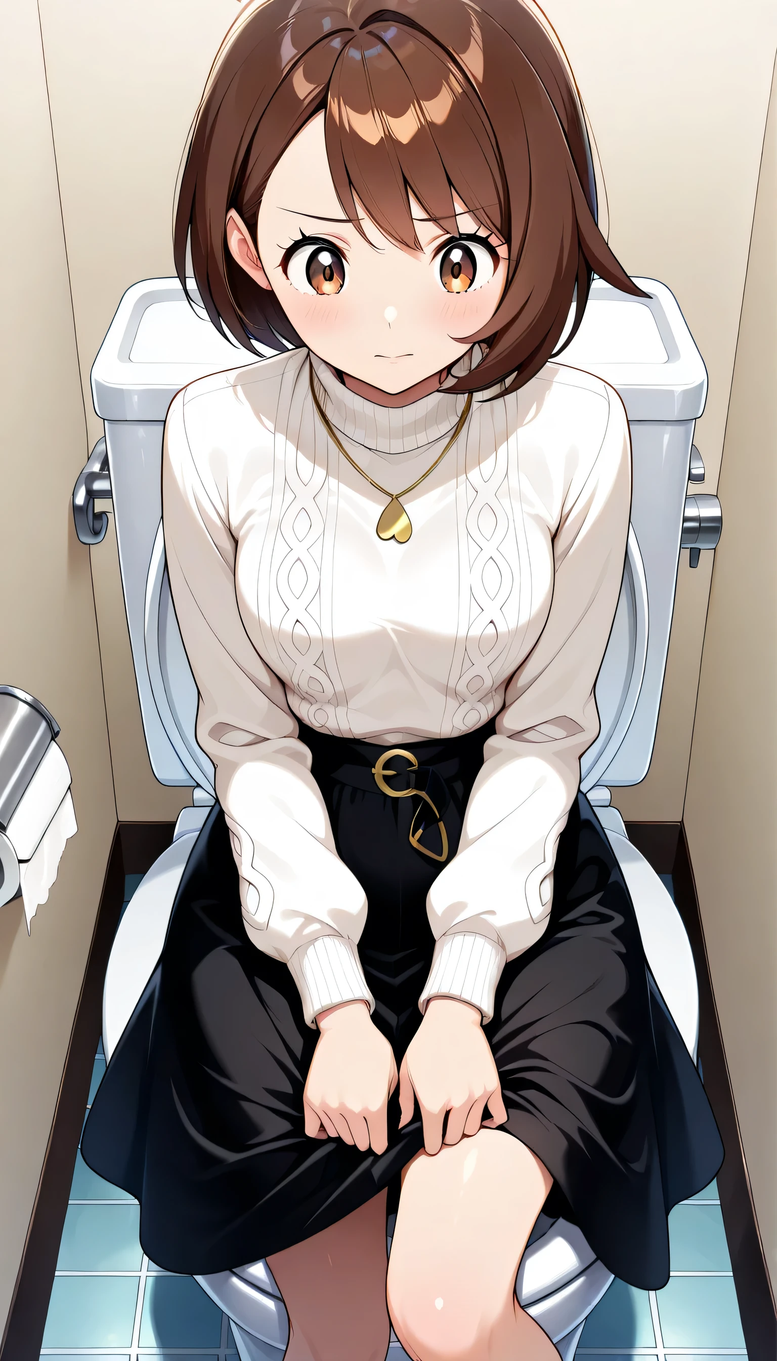 zzGloria, brown hair, brown eyes, very detailedな目と顔, perfect face, perfect hand, perfect legs, perfect fingertips, (Highest Quality, very detailed, CG illustration , masterpiece, best aesthetics),
white turtleneck sweater, long sleeves,
high-waist skirt, black skirt,long skirt,(loose skirt),
necklace,Toilet、standing、looking down、