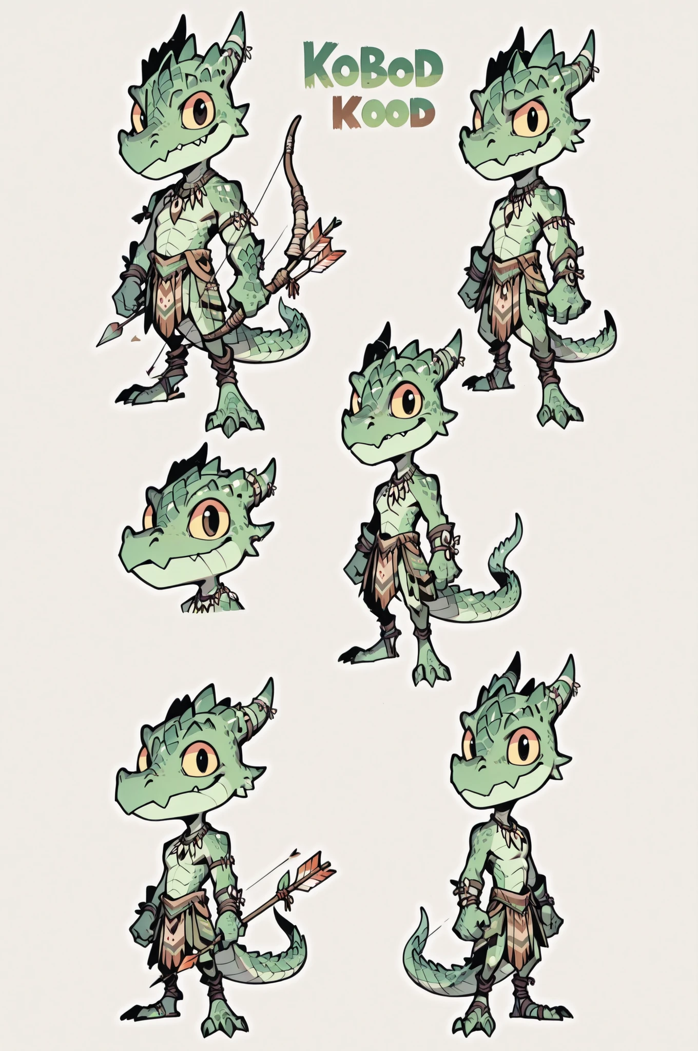 Three( male,green skin, green scales, (((Kobold)), (detailed kobold)) armed with bow and arrow, a tribal clothes, character design, toon style, chibi