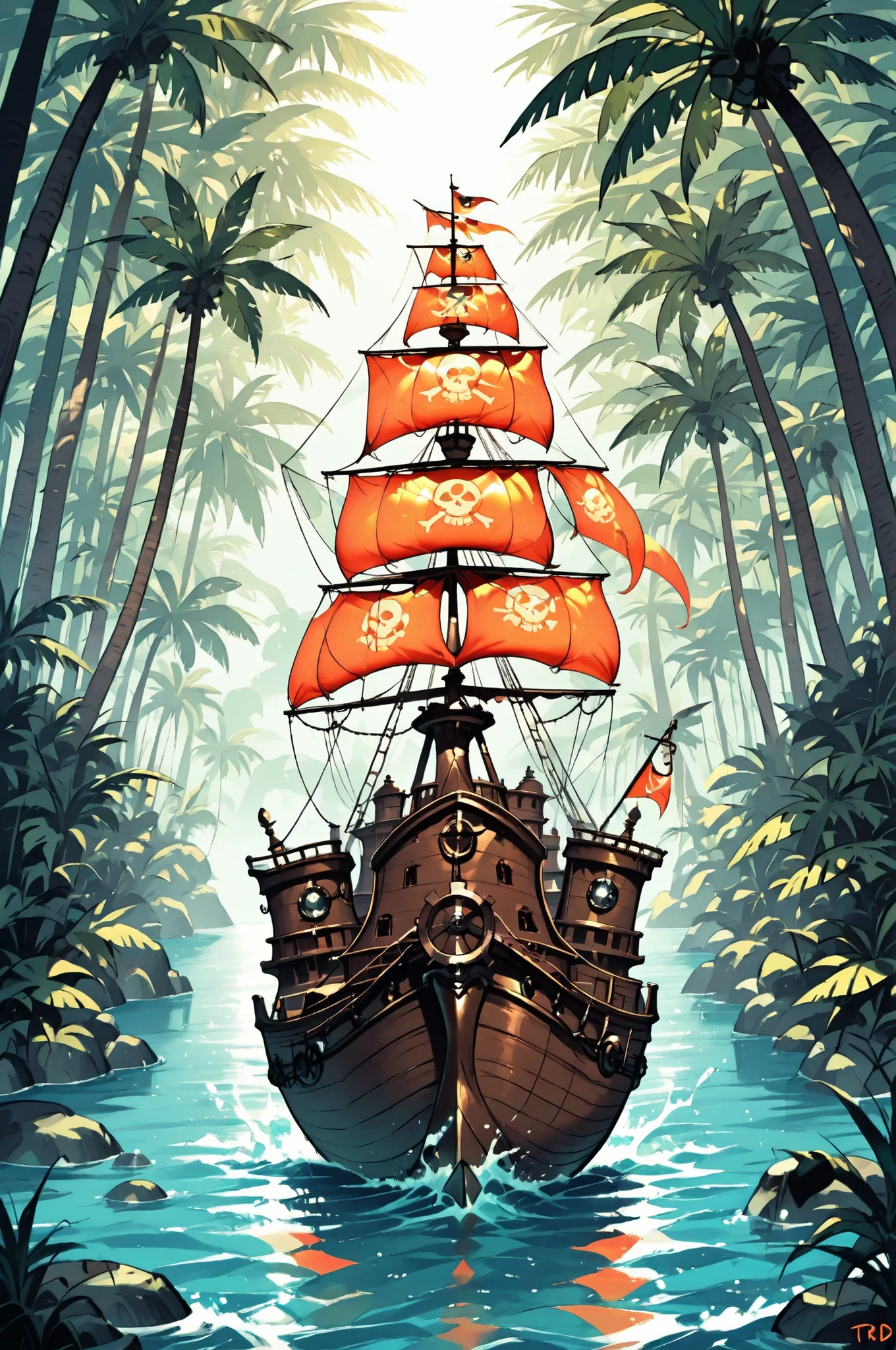 masterpiece, best quality, amazing quality, very aesthetic, high resolution, newest, hyper-detailed, a pirate ship, with wheels riding in a tropical forest, Toon, design,