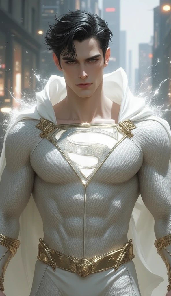 Full body photorealistic 4k, high resolution, best quality, masterpiece, perfect color, perfect shade, perfect lighting, Posted by e621, ((portrait)), ((handsome man young Superman)), perfect male figure, Short hair details，chest muscles，abdominal muscles，wearing white and silver tight fit  spandex and gloves，Detailed face, perfect face, (stood up), Detailed background, ((Bonifasco Lighting)), (delicate eyes),),white hair