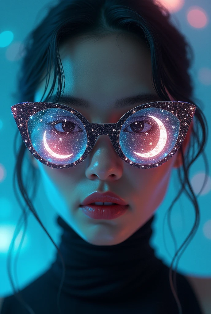 The model is wearing glass sunglasses，with stars and moon on the lenses