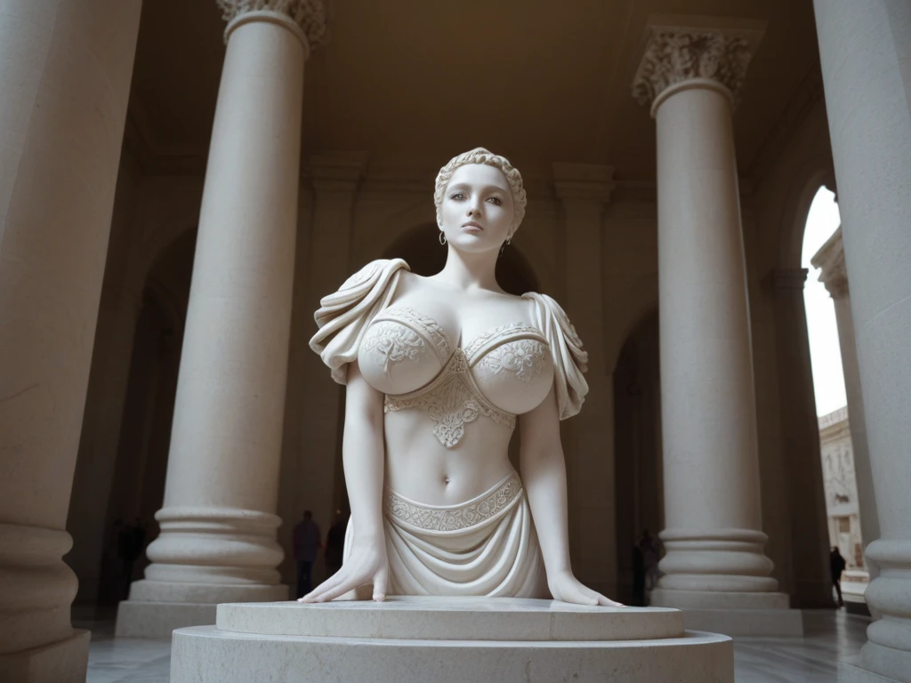 statue of a real woman full body, , without eyelashes, in white plaster, perfect mold, beautiful , blue sky